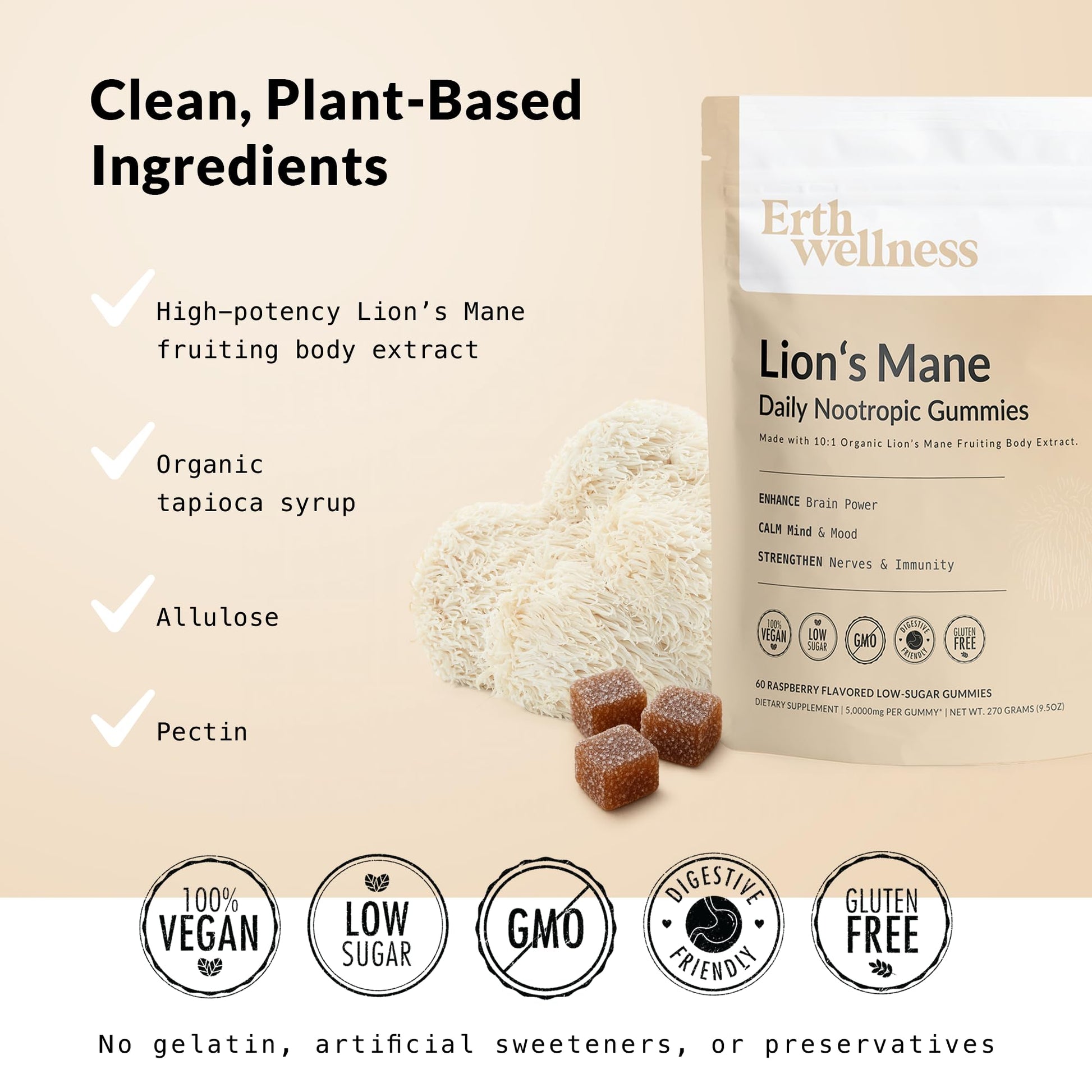 Erth Wellness Lion’s Mane Mushroom Gummies – 10,000mg Fruiting Body Extract per Serving – Brain & Focus Support – Daily Nootropic – Vegan, Low Sugar, Non-GMO – 60 Ct Erth Wellness uk supplements