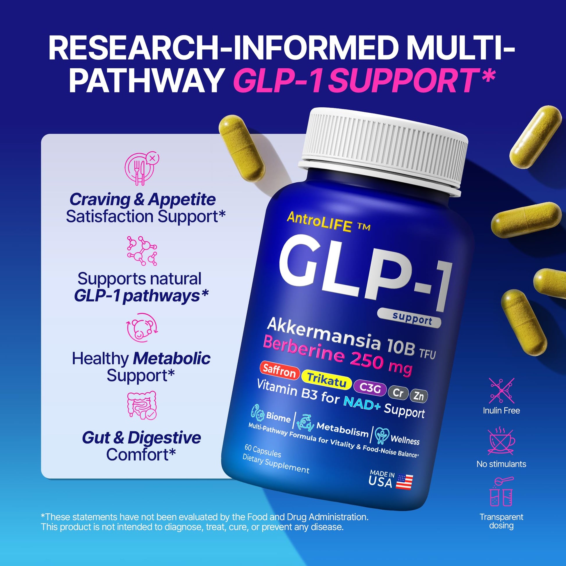 GLP-1 Support – Akkermansia Postbiotic 10B TFU + Berberine HCl 250 mg | 18-Ingredient System | Appetite, Mood & Metabolic Support | Inulin-Free | Saffron, NAD+ Cofactors | 3 Pack | 90-Day Supply ANTROLIFE uk supplements