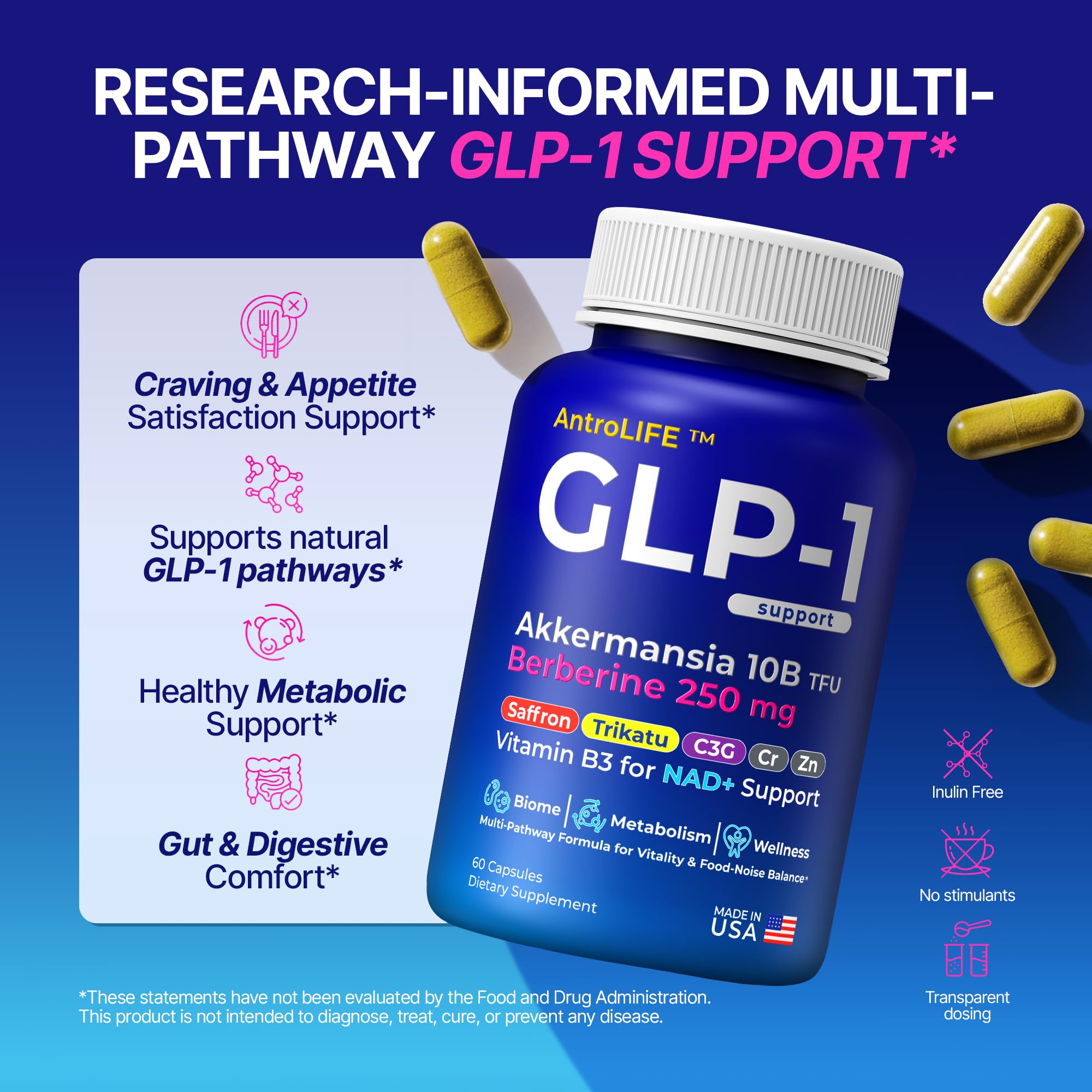 GLP-1 Support – Akkermansia Postbiotic 10B TFU + Berberine HCl 250 mg | 18-Ingredient System | Appetite, Mood & Metabolic Support | Inulin-Free | Saffron, NAD+ Cofactors | 3 Pack | 90-Day Supply ANTROLIFE uk supplements