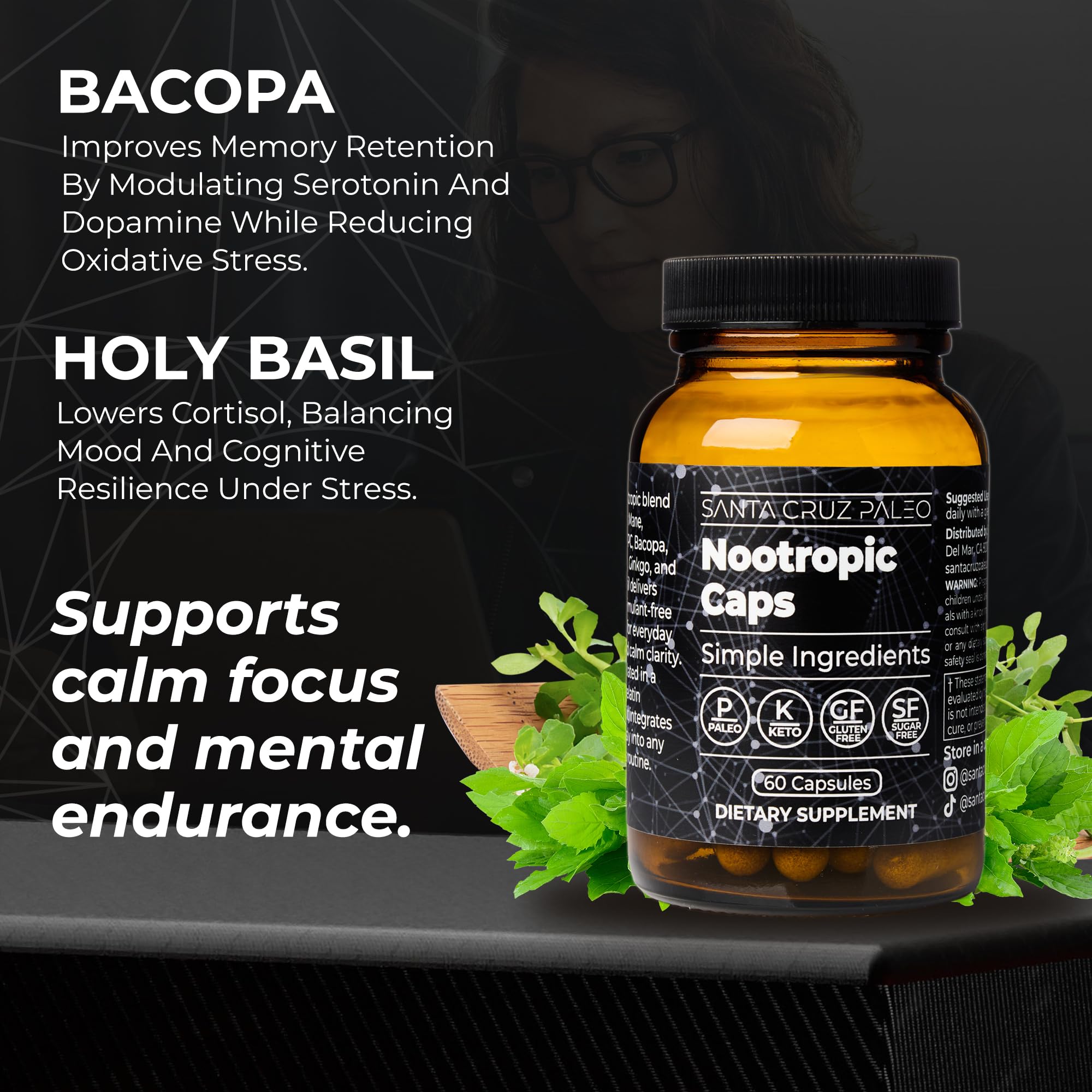 Santa Cruz Paleo Nootropic Capsules – Lions Mane, Alpha GPC, Panax Ginseng & Ginkgo Biloba for Focus, Memory, Mental Clarity & Energy – Keto, Paleo, Gluten Free Brain Supplement, 60 Caps Santa Cruz Paleo uk supplements