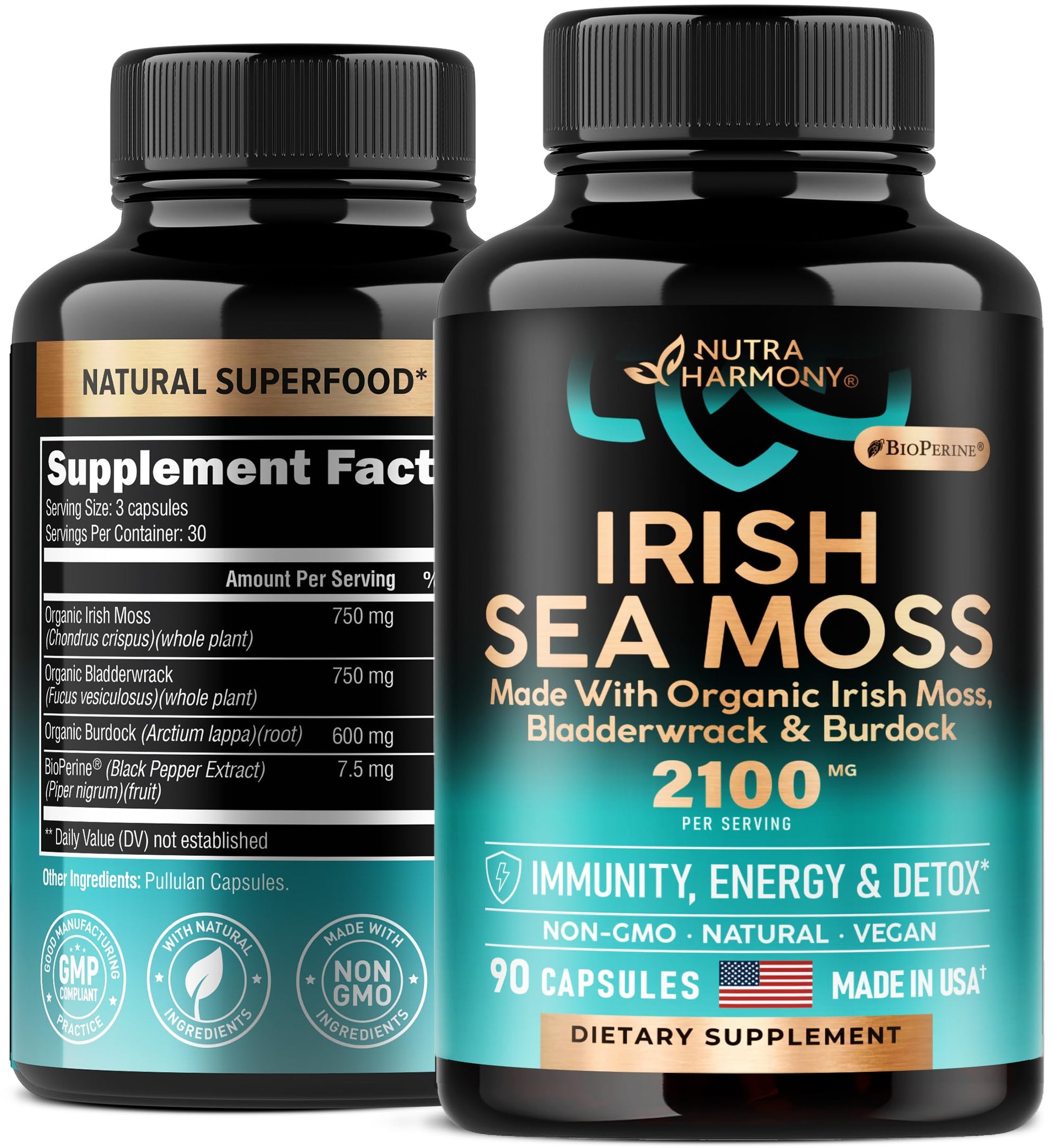 Irish Sea Moss Capsules - Made with Organic Sea Moss, Bladderwrack & Burdock Root - Made in USA - Advanced Superfood - Natural Multi Supplements Blend - Immunity & Energy Support - 90 Vegan Capsules NUTRAHARMONY uk supplements