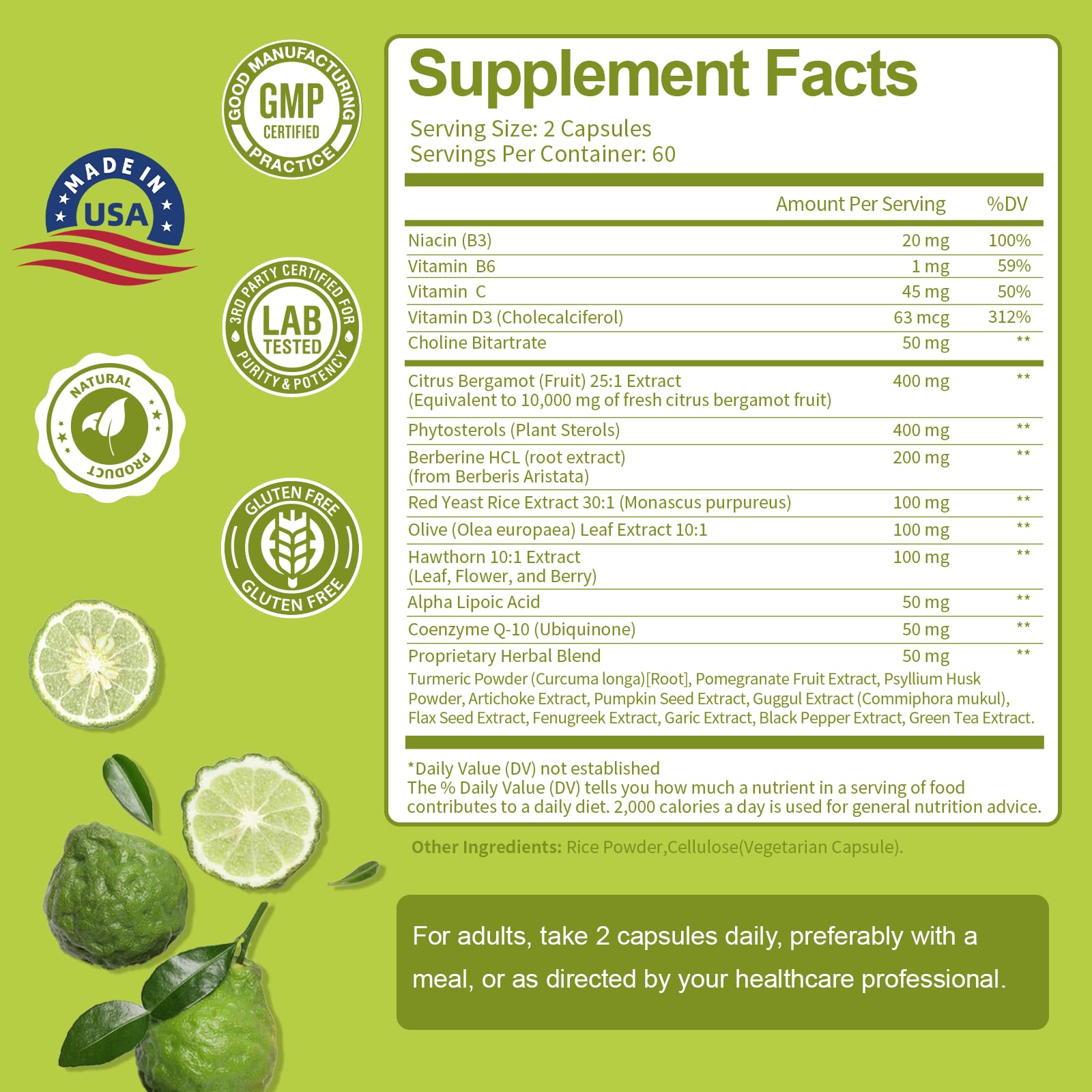 Citrus Bergamot Supplement for High Cholesterol - Italian Citrus Bergamot & Plant Sterols Stanols Natural Way to Balance Cholesterol Level,