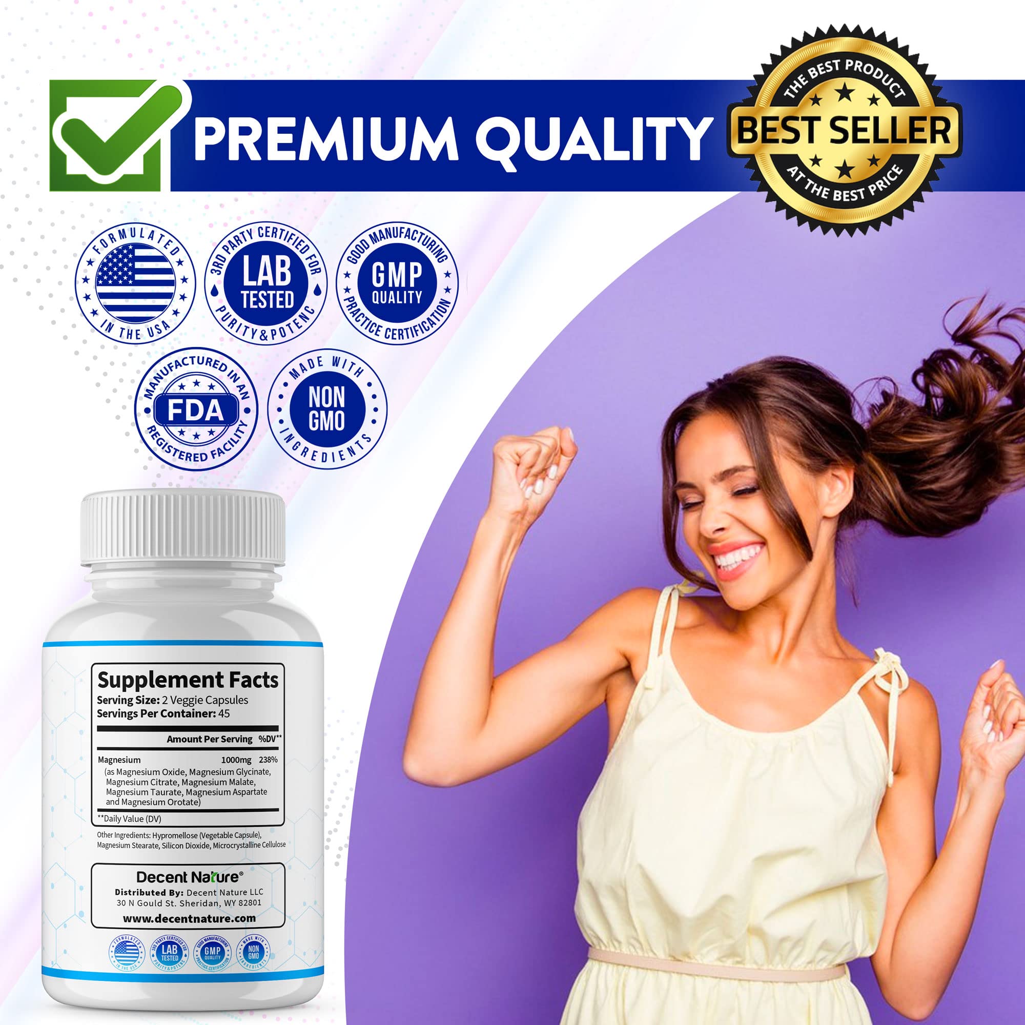 Magnesium Complex 7 Elemental Magnesium Supplement 1000mg – Magnesium Glycinate, Citrate, Malate, Taurate, Oxide, Aspartate, Orotate Non-GMO 90 Capsules DECENT NATURE uk supplements