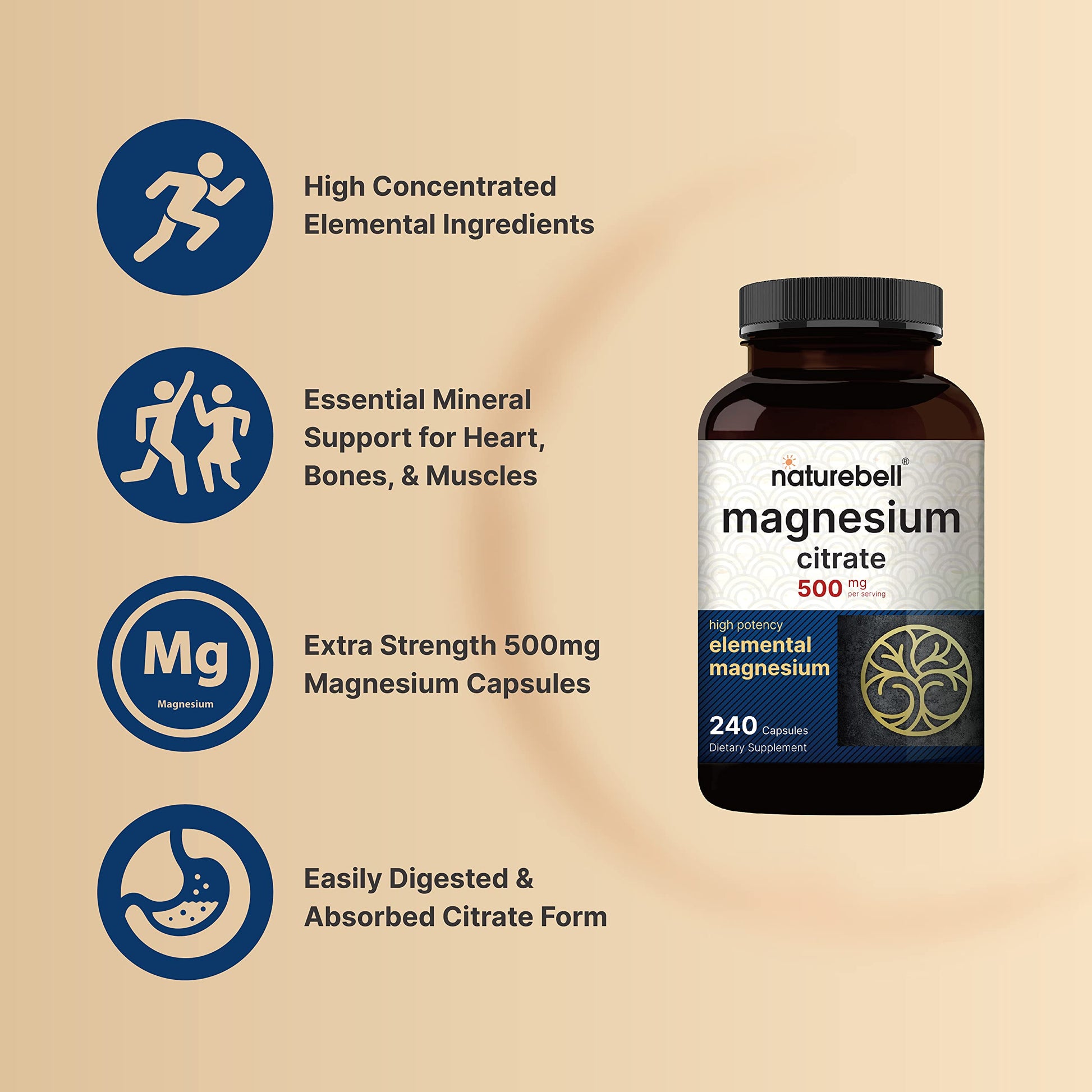 Magnesium Citrate 500mg, 240 Capsules (Citrato de Magnesio) | High Purity Elemental NatureBell uk supplements