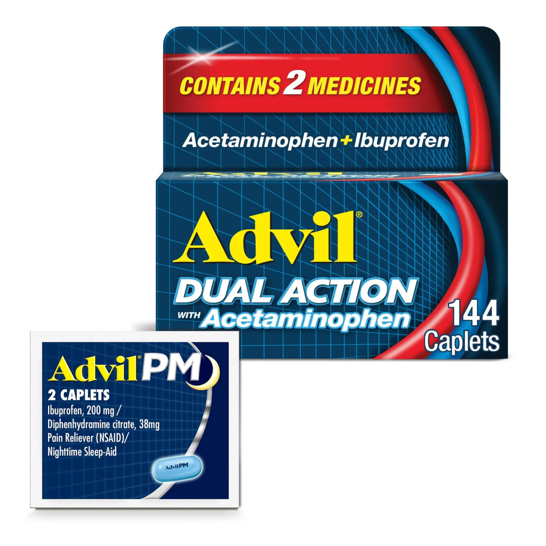 Advil Dual Action With Acetaminophen And Ibuprofen (2 Dose Equivalent) For 8 Hour Pain Relief, Coated 144 Ct Caplets And 2 Ct. Sample Of Advil PM Advil uk supplements