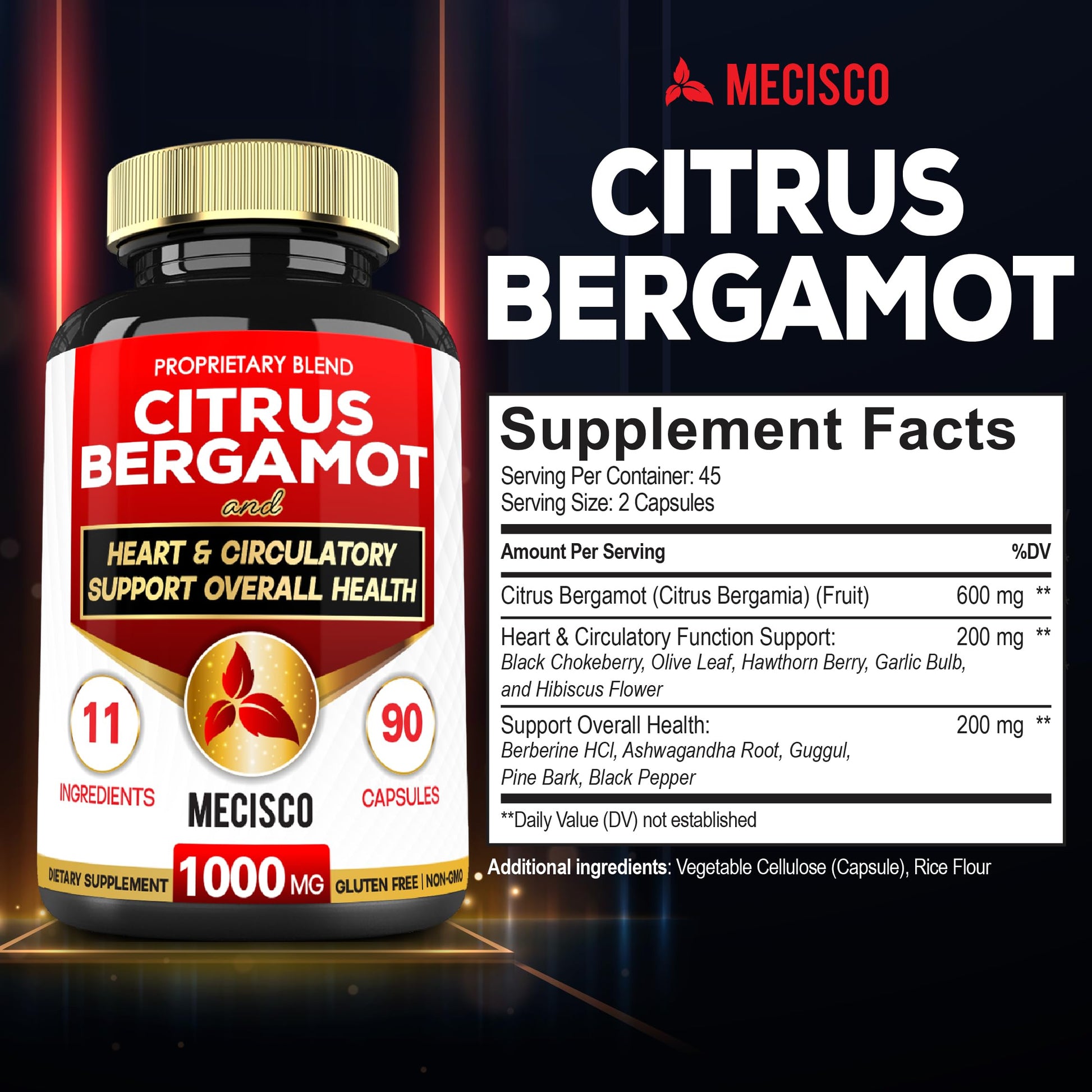 Mecisco 11 in 1 Citrus Bergamot Supplement 1000mg with Black Chokeberry, Berberine HCl & More - 90 Capsules - Supports Heart Health, Immune System, Energy Production Mecisco uk supplements