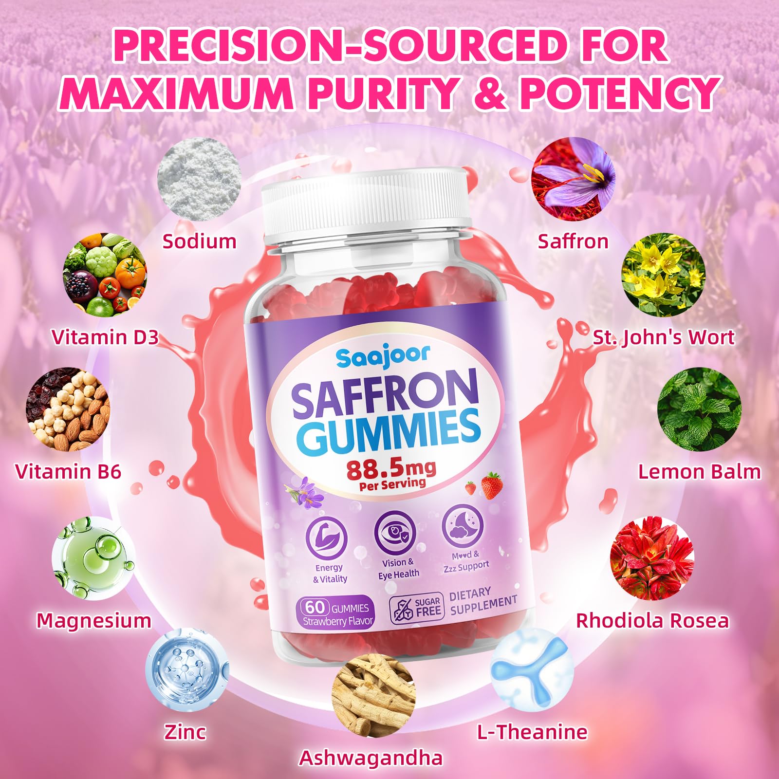 Saffron Gummies for Adult Kids - with Saffron 88.5mg, Vitamins D3 & B6, Magnesium, Zinc, Ashwagandha, L - Theanine, St. John's Wort - Supports Mood & Focus, Strawberry Flavor, 120 Count Saajoor uk supplements