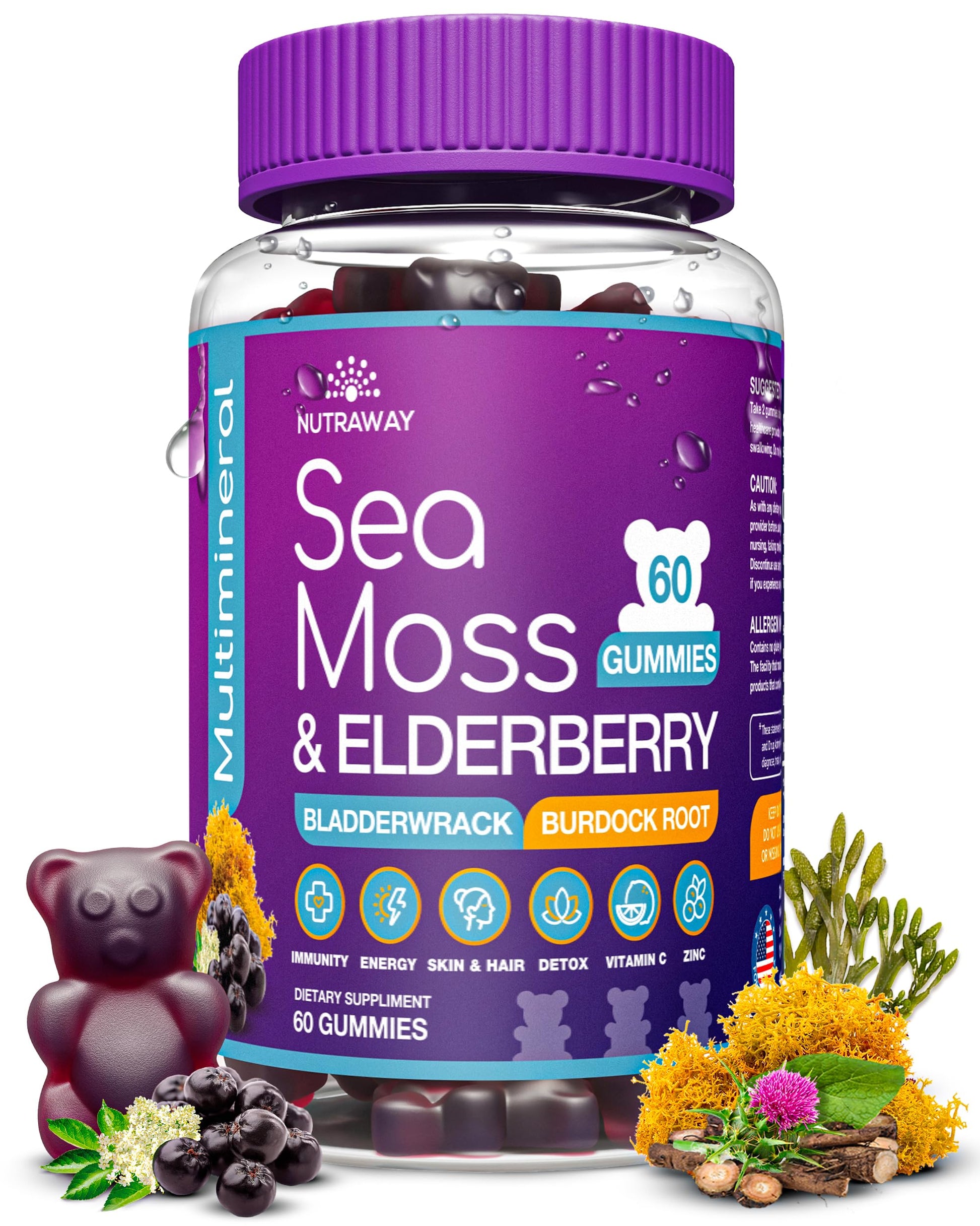 NUTRAWAY LABS Sea Moss Gummies with Elderberry, Vitamin C & Zinc - 102 Minerals from Irish Sea Moss, Bladderwrack & Burdock Root for Immune Support - Vegan Seamoss Supplement (Pack of 1) NUTRAWAY LABS uk supplements