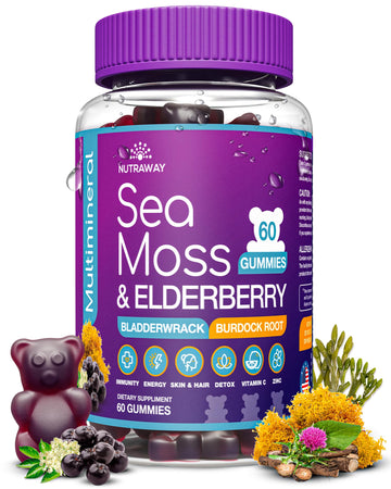 NUTRAWAY LABS Sea Moss Gummies with Elderberry, Vitamin C & Zinc - 102 Minerals from Irish Sea Moss, Bladderwrack & Burdock Root for Immune Support - Vegan Seamoss Supplement (Pack of 1) NUTRAWAY LABS uk supplements