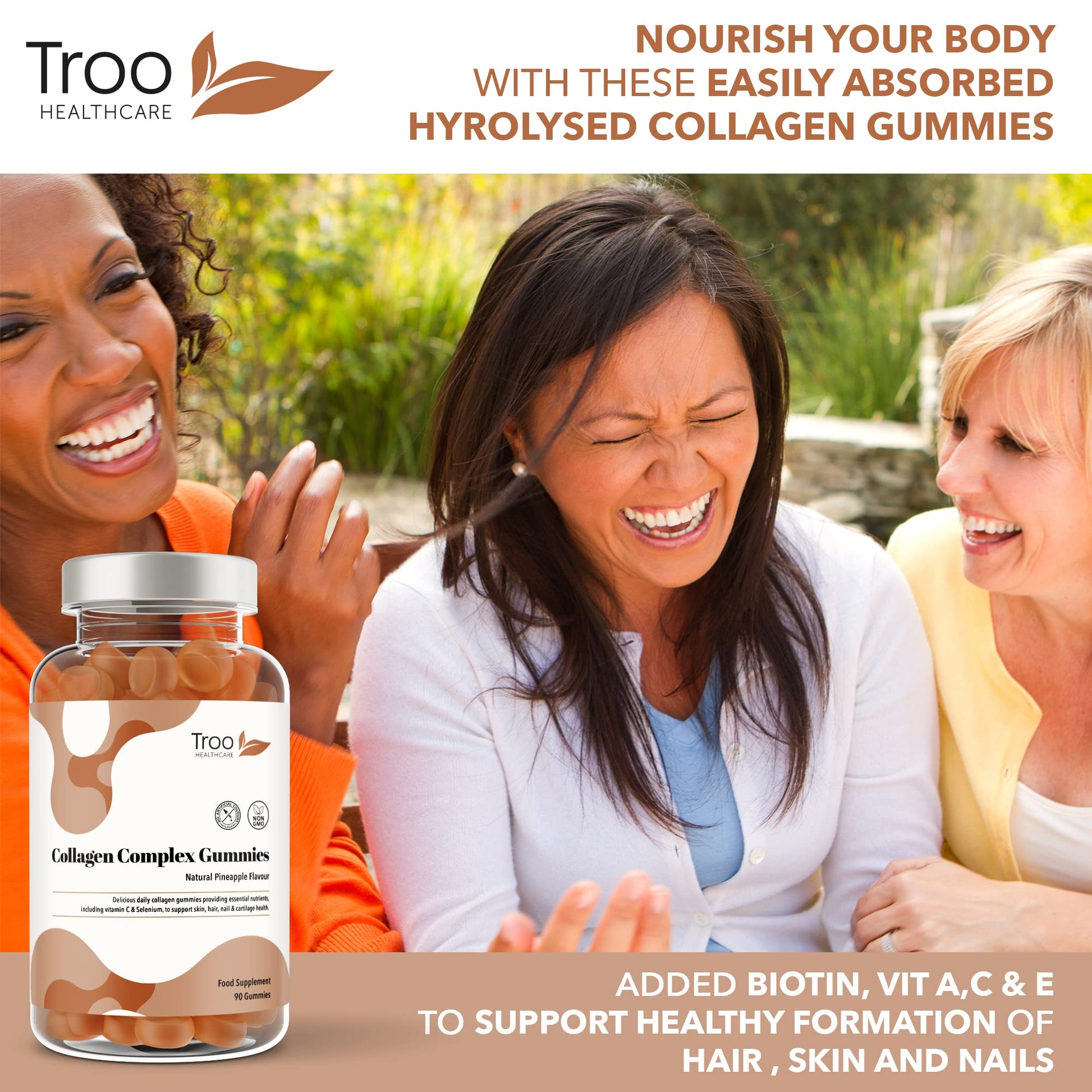 Hydrolysed Collagen Complex - 90 Natural Pineapple Flavour Chewable Gummies - One Per Day with Biotin, Vitamin C and Selenium Troo Health Care uk supplements