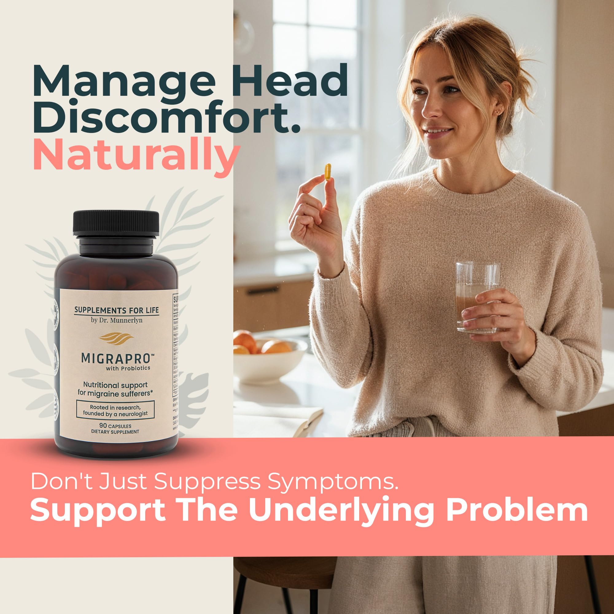 Dr. Munnerlyn MigraPro with Probiotics, Brain and Gut Health Support Supplement with Magnesium, Riboflavin, CoQ10, Ginger Root, Asian Ginseng, Vitamin C, Feverfew & Turmeric, Gluten Free, 90 Capsules Dr. Munnerlyn uk supplements