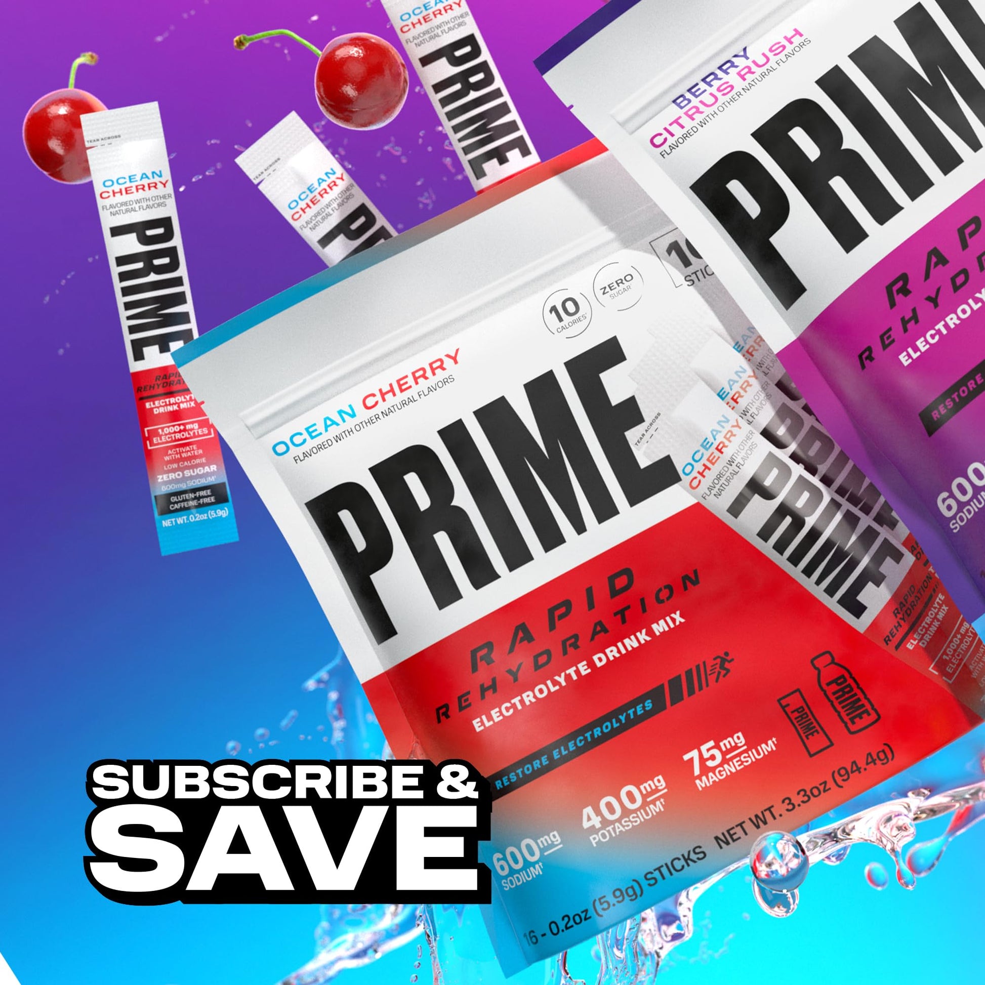 Prime Rapid Rehydration Electrolyte Powder Sticks, Ocean Cherry, Sugar Free Hydration Drink Mix with Sodium, Potassium, Magnesium & B Vitamins PRIME HYDRATION uk supplements