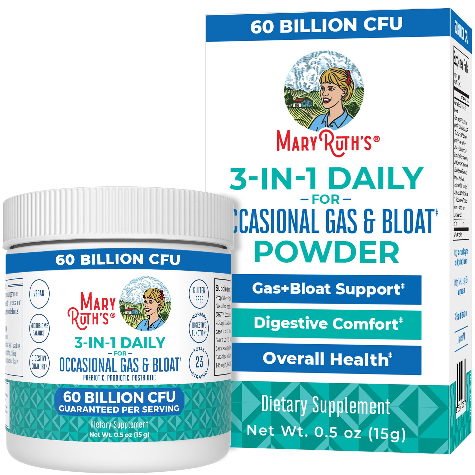 MARYRUTH'S 3-in-1 Gas & Bloat Probiotic Powder | Probiotics for Normal Digestive Function | Probiotics for Women & Men | Prebiotics & Postbiotics | 60 Billion CFU | 23 Unique Strains | 0.5 oz MARYRUTH'S uk supplements