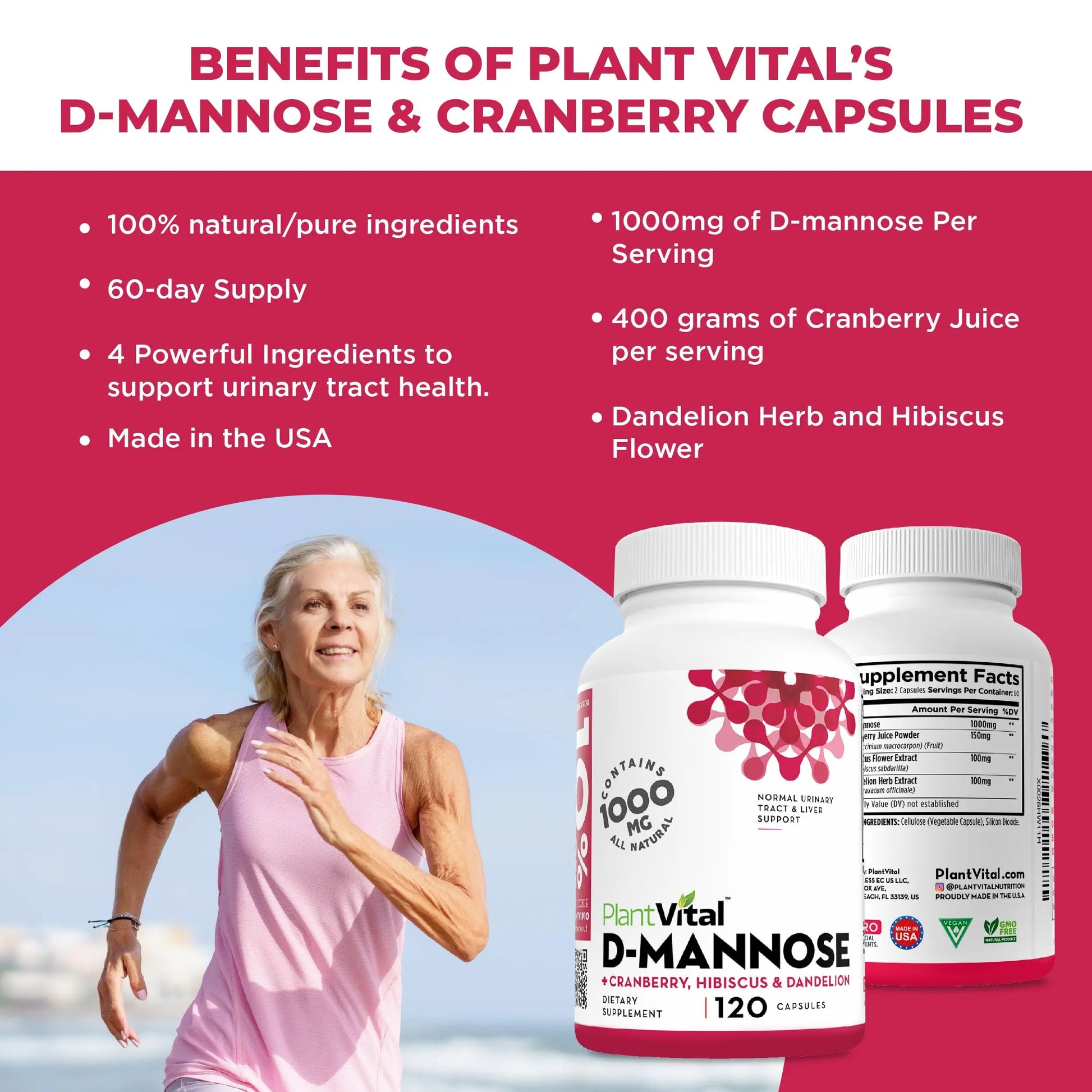 Plantvital D Mannose Capsules with Cranberry - D-mannose 1000mg Capsules - High Potency for Bladder, Kidney and Urinary Tract Support. Cranberry Powder with Hibiscus and Dandelion. 2 Months Supply Plantvital uk supplements