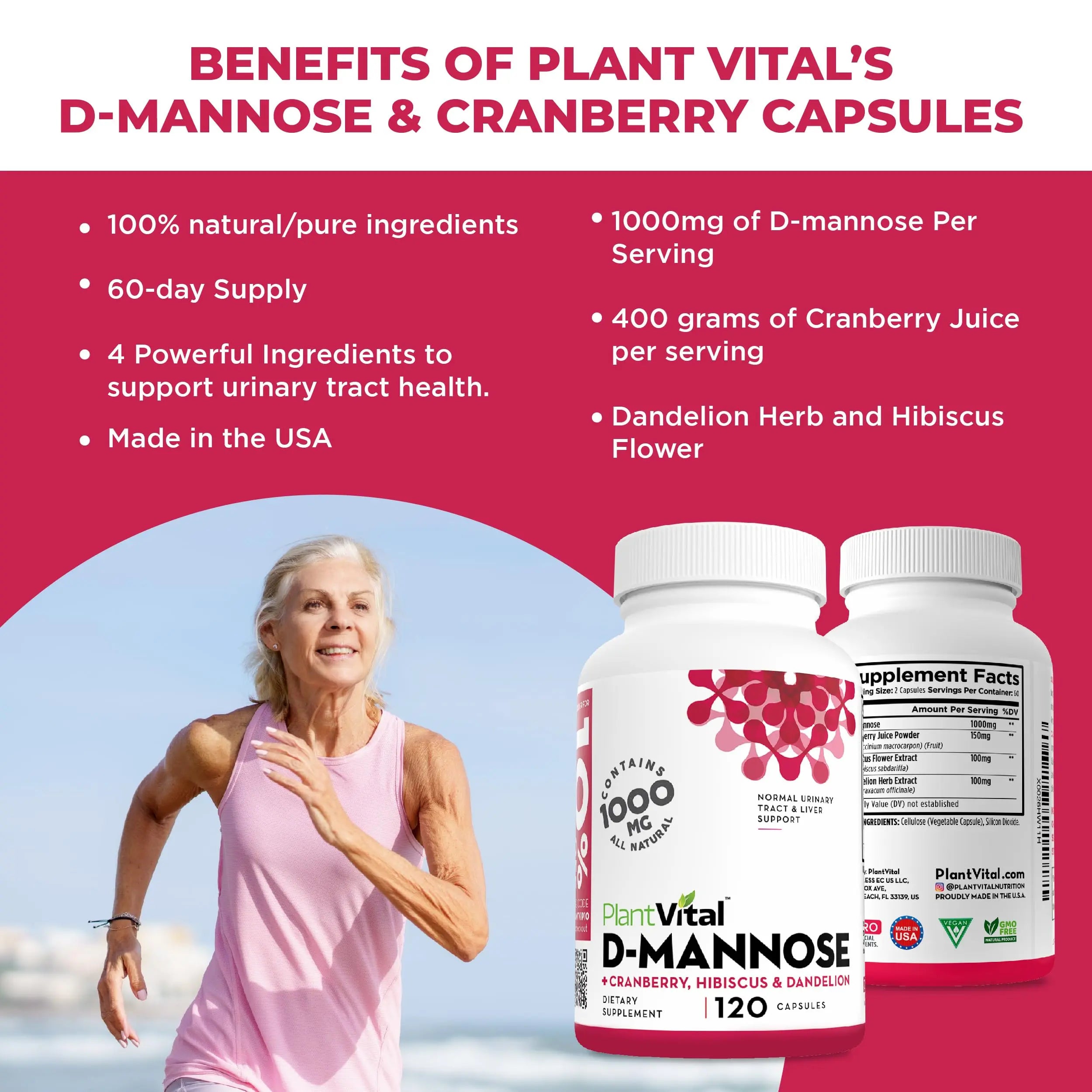 Plantvital D Mannose Capsules with Cranberry - D-mannose 1000mg Capsules - High Potency for Bladder, Kidney and Urinary Tract Support. Cranberry Powder with Hibiscus and Dandelion. 2 Months Supply Plantvital uk supplements