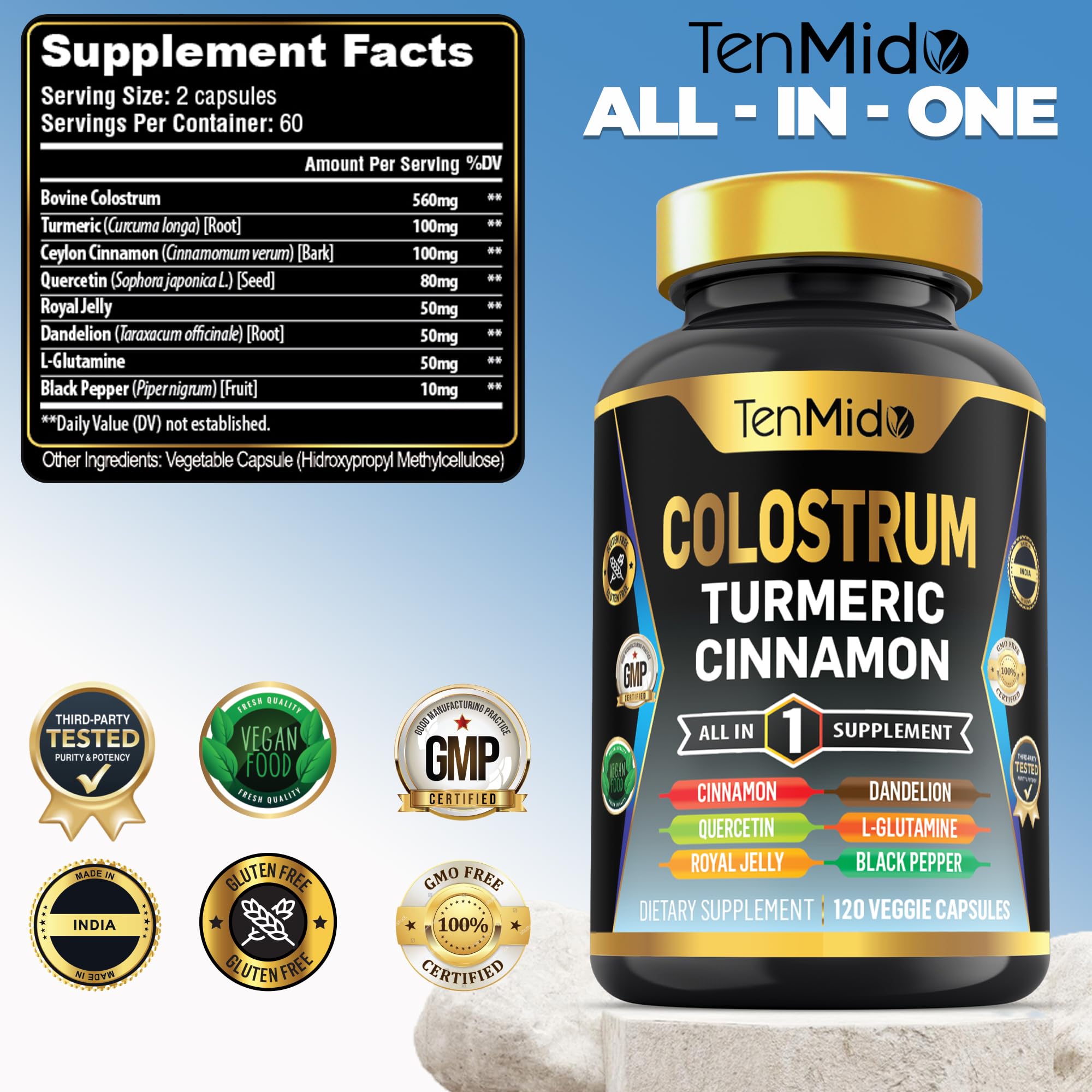 Tenmido Colostrum Supplement - 8in1 Formula - Combine with Turmeric, Ceylon Cinnamon, Quercetin, Royal Jelly, Dandelion, L- Glutamine, and Black Pepper - Digestive Health Support - 120 Capsules Tenmido uk supplements