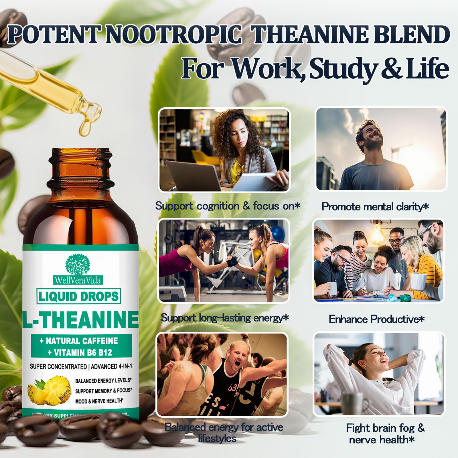 L Theanine Caffeine Liquid Drops, High Potency L-Theanine 100mg w. Caffeine Vitamin B12 B6, Natural Nootropic Brain for Smooth Energy Focus Alertness, 6X Stronger Than Pills Powder Gum WellVeraVida uk supplements