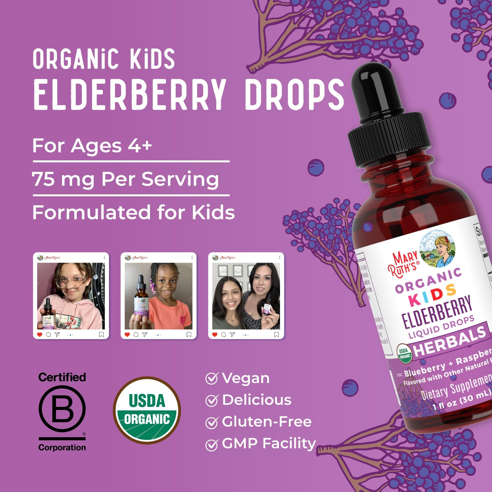 MaryRuth Organics USDA Organic Elderberry Liquid Drops for Kids | Vegan Elderberry Extract Organic Glycerin | Immune Support Supplement | Overall Health | Formulated for Ages 4-13 | 1oz MARYRUTH'S uk supplements