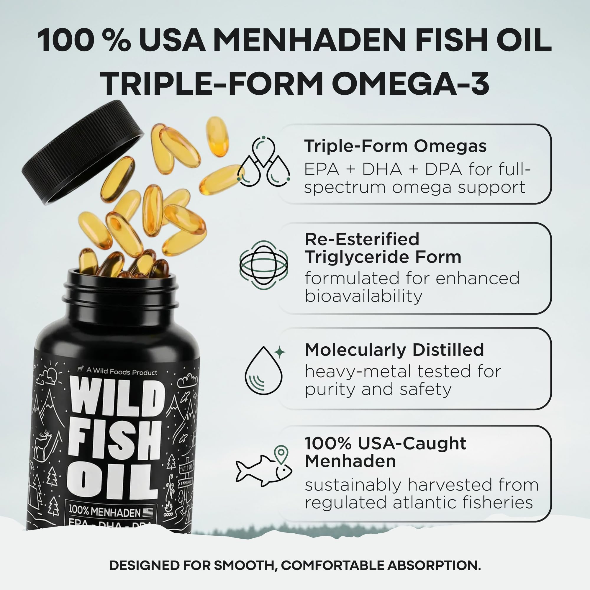 Wild Foods Omega 3 Fish Oil Supplement, 120 Capsules (1 pk) | Wild Caught, Burpless, Odorless, Non-GMO, Gluten Free | DPA, DHA, EPA Triple Strength Heart & Joint Nutrition for Women & Men Wild Foods uk supplements