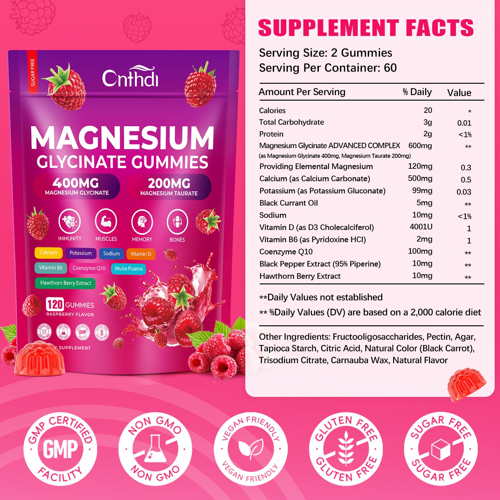 CNFHDI Magnesium Glycinate Gummies 600mg, 120 Counts Chews Sugar Free Magnesium Gummies for Adults & Kids with Calcium, Zinc & CQ10, Potassium Supplements for Zzz, Brain, Muscle & Relax CNFHDI uk supplements