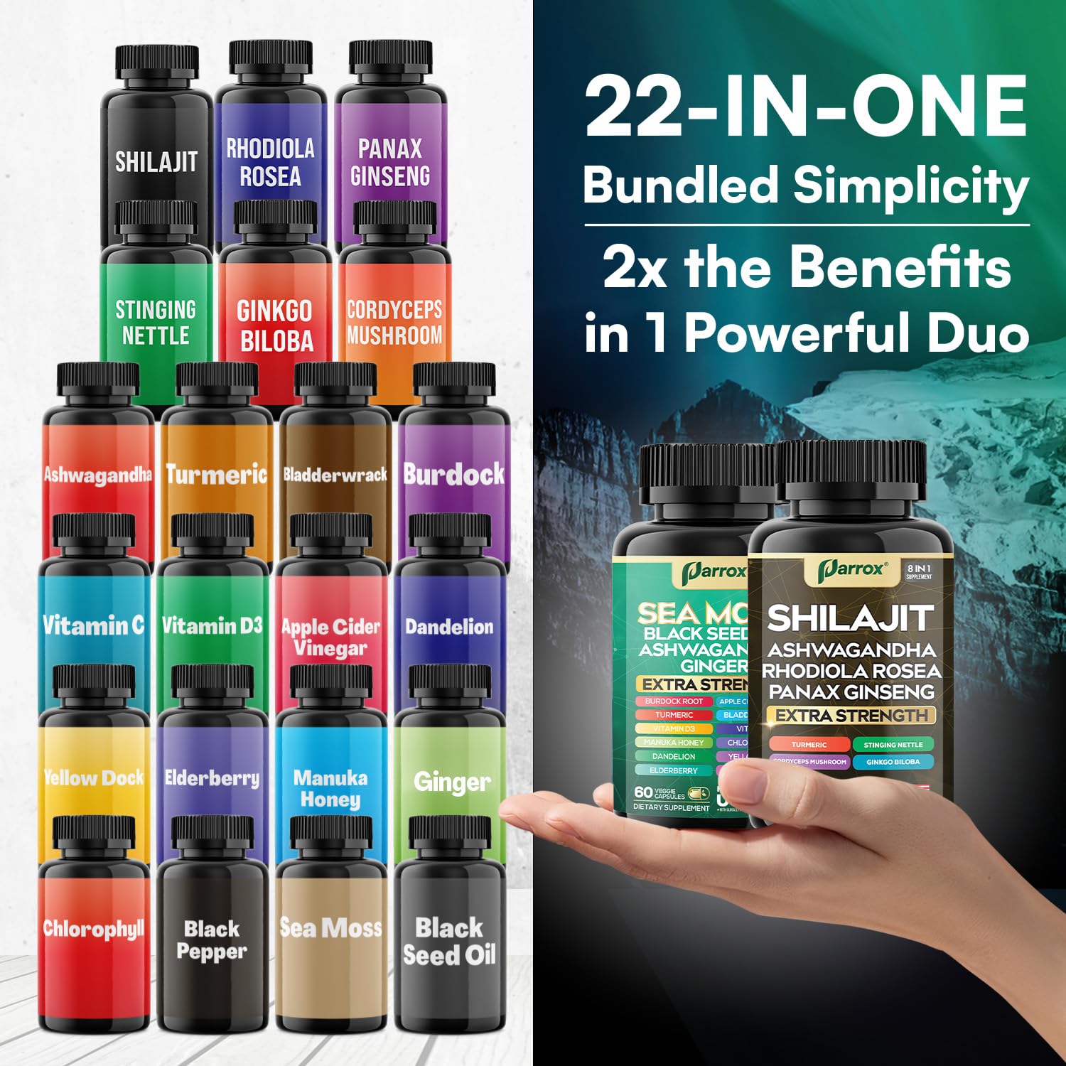 Parrox Shilajit and Sea Moss Bundle, Sea Moss 350mg, Black Seed Oil 200mg, Ashwagandha 100mg, Turmeric, Shilajit 300mg, Rhodiola Rosea 100mg, Panax Ginseng 50mg, Dynamic Vitality Bundle (2 Pack) Parrox uk supplements