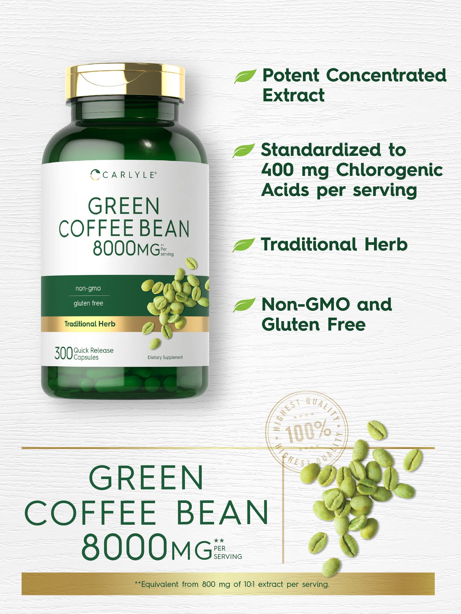 Carlyle Green Coffee Bean Extract | 8000 mg | 300 Capsules | Non-GMO and Gluten Free Carlyle uk supplements