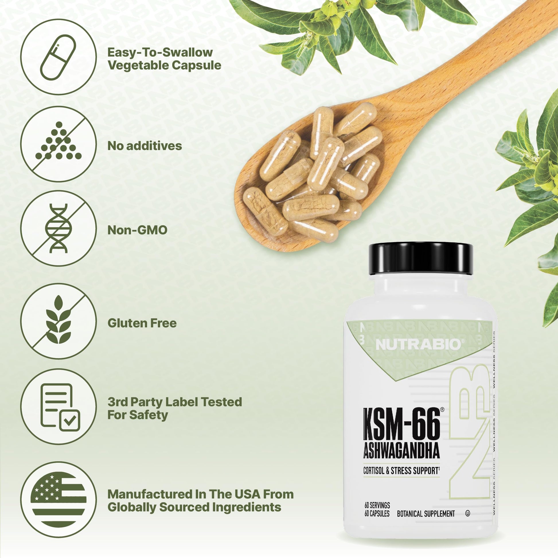 NutraBio Ashwagandha KSM-66 | Ashwagandha Herbal Supplement for Stress, Mood, & Performance | 600 MG of Clinically Studied KSM66 60 Capsules NutraBio uk supplements