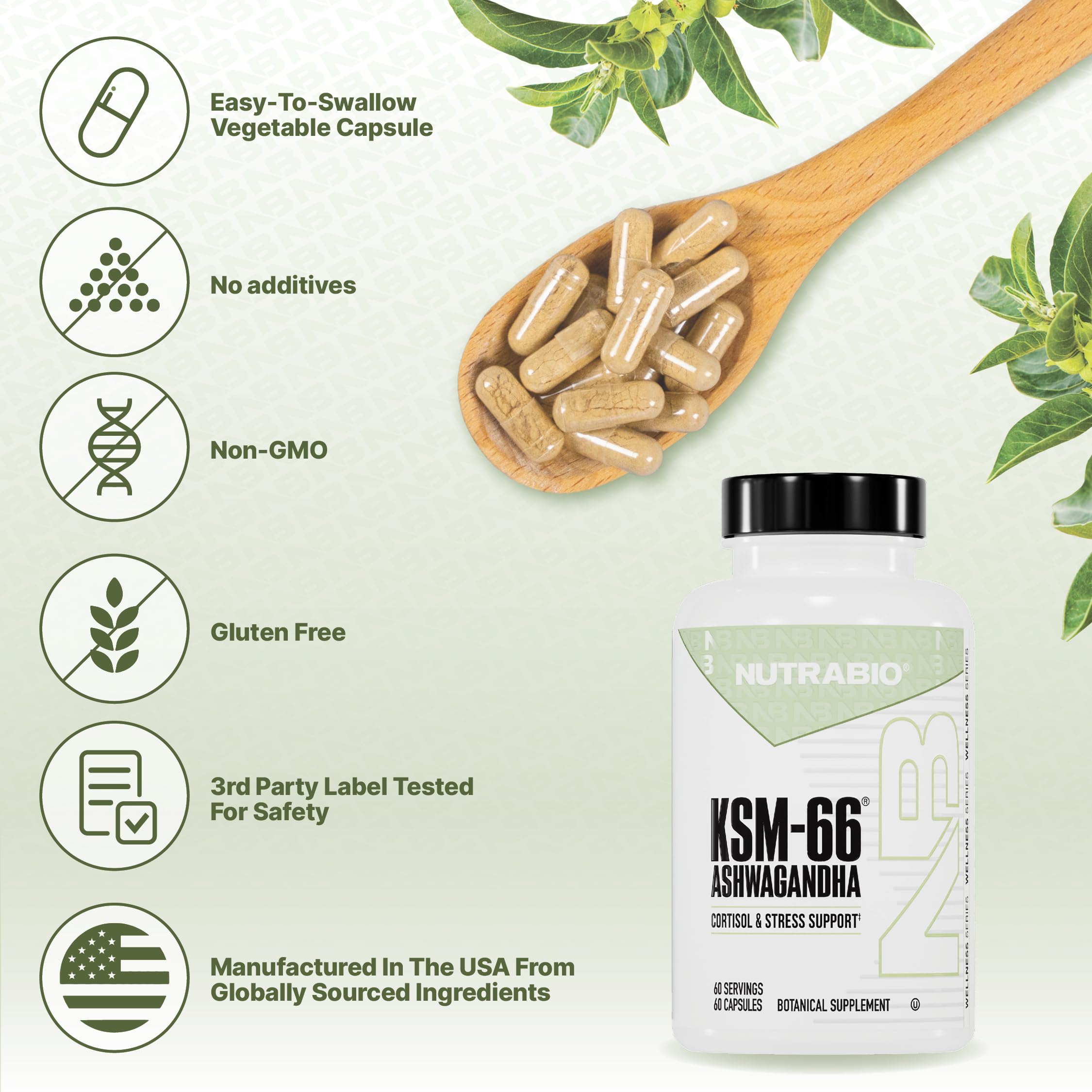 NutraBio Ashwagandha KSM-66 | Ashwagandha Herbal Supplement for Stress, Mood, & Performance | 600 MG of Clinically Studied KSM66 60 Capsules NutraBio uk supplements