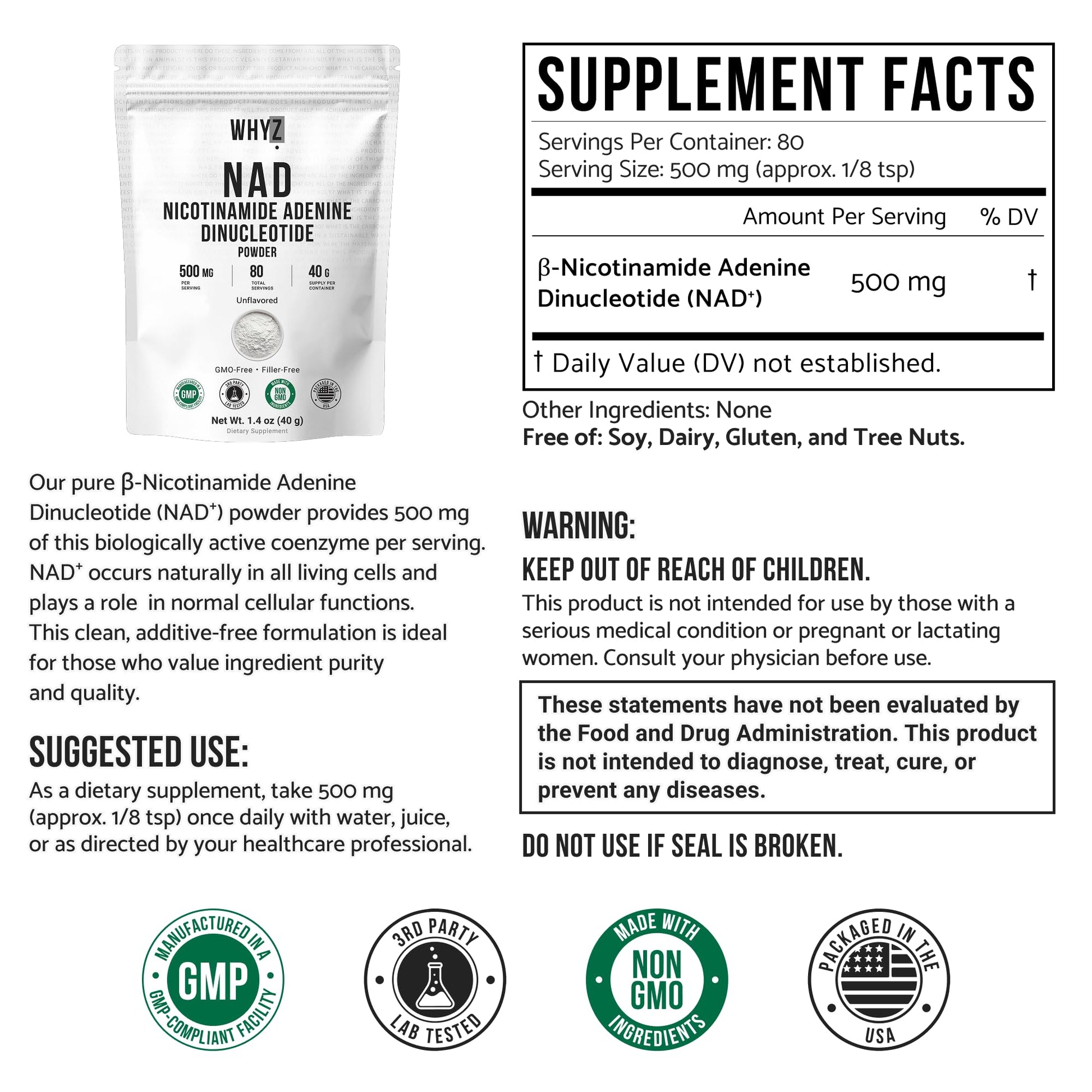 Pure NAD Powder Nicotinamide Adenine Dinucleotide Supplement Unflavored and Gluten-Free Premium Pure NAD Powder for Daily Wellness and Nutrition Support, 40g WHYZ uk supplements