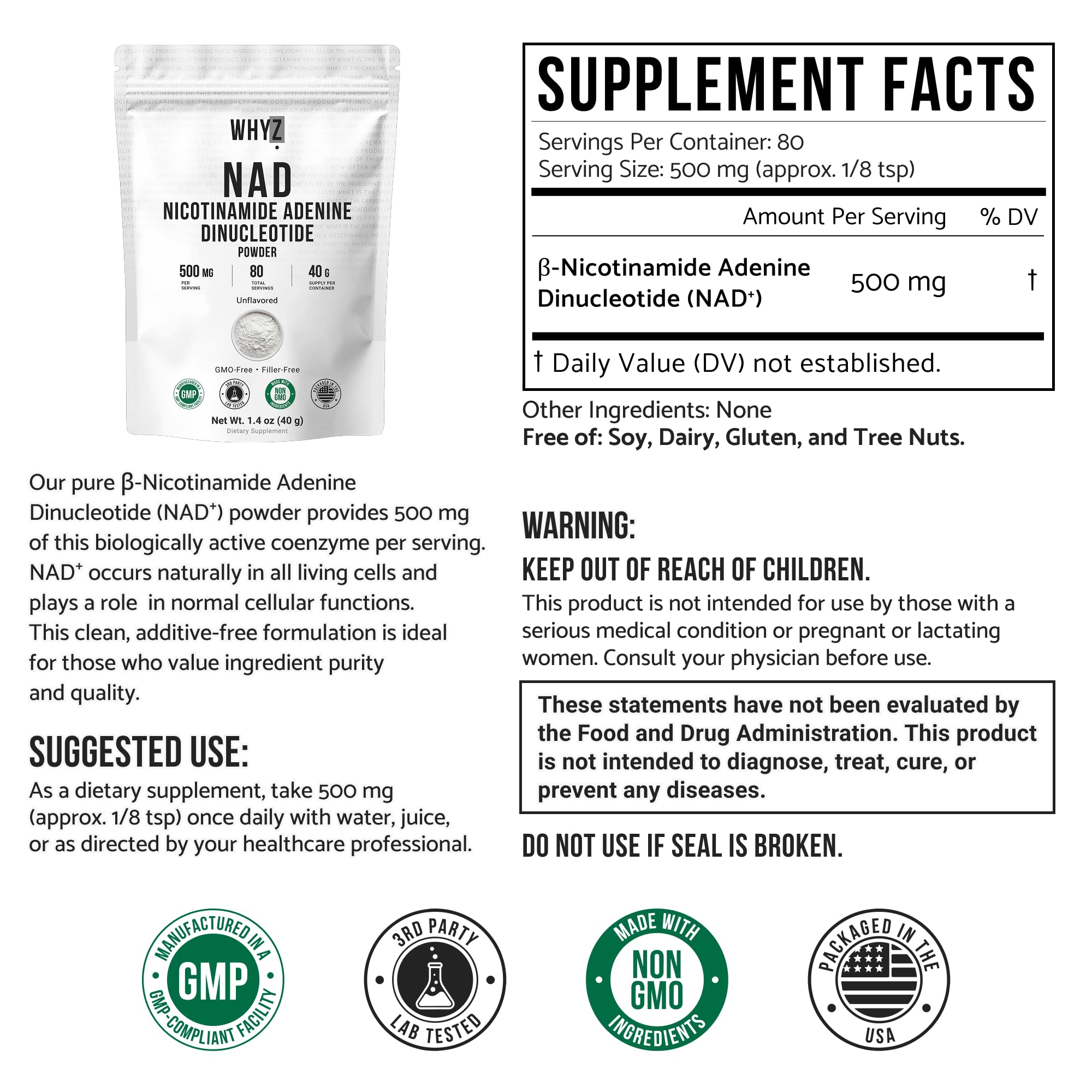 Pure NAD Powder Nicotinamide Adenine Dinucleotide Supplement Unflavored and Gluten-Free Premium Pure NAD Powder for Daily Wellness and Nutrition Support, 40g WHYZ uk supplements