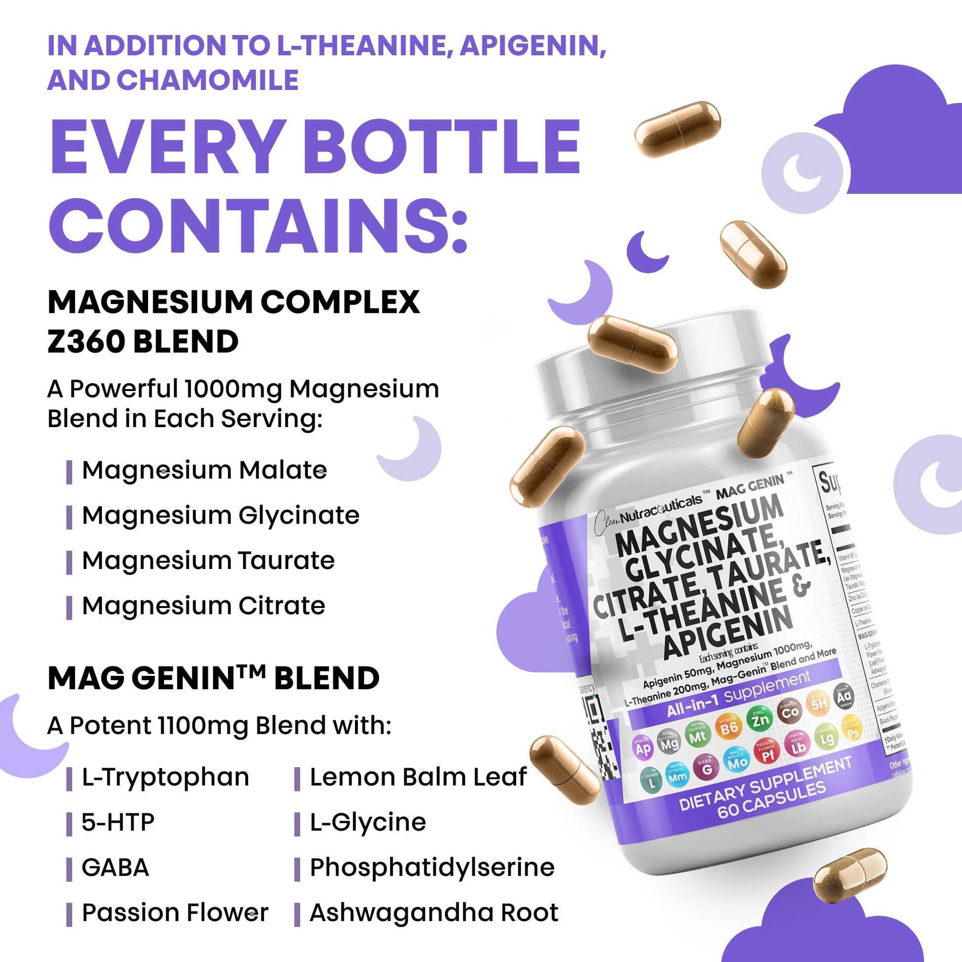 Clean Nutraceuticals Magnesium Glycinate Complex 1000mg with L-Theanine 200mg Apigenin 50mg Citrate Taurate Supplement - 5-HTP GABA Passion Flower Lemon Balm L-Glycine Phosphatidylserine - 60 Count Clean Nutraceuticals uk supplements