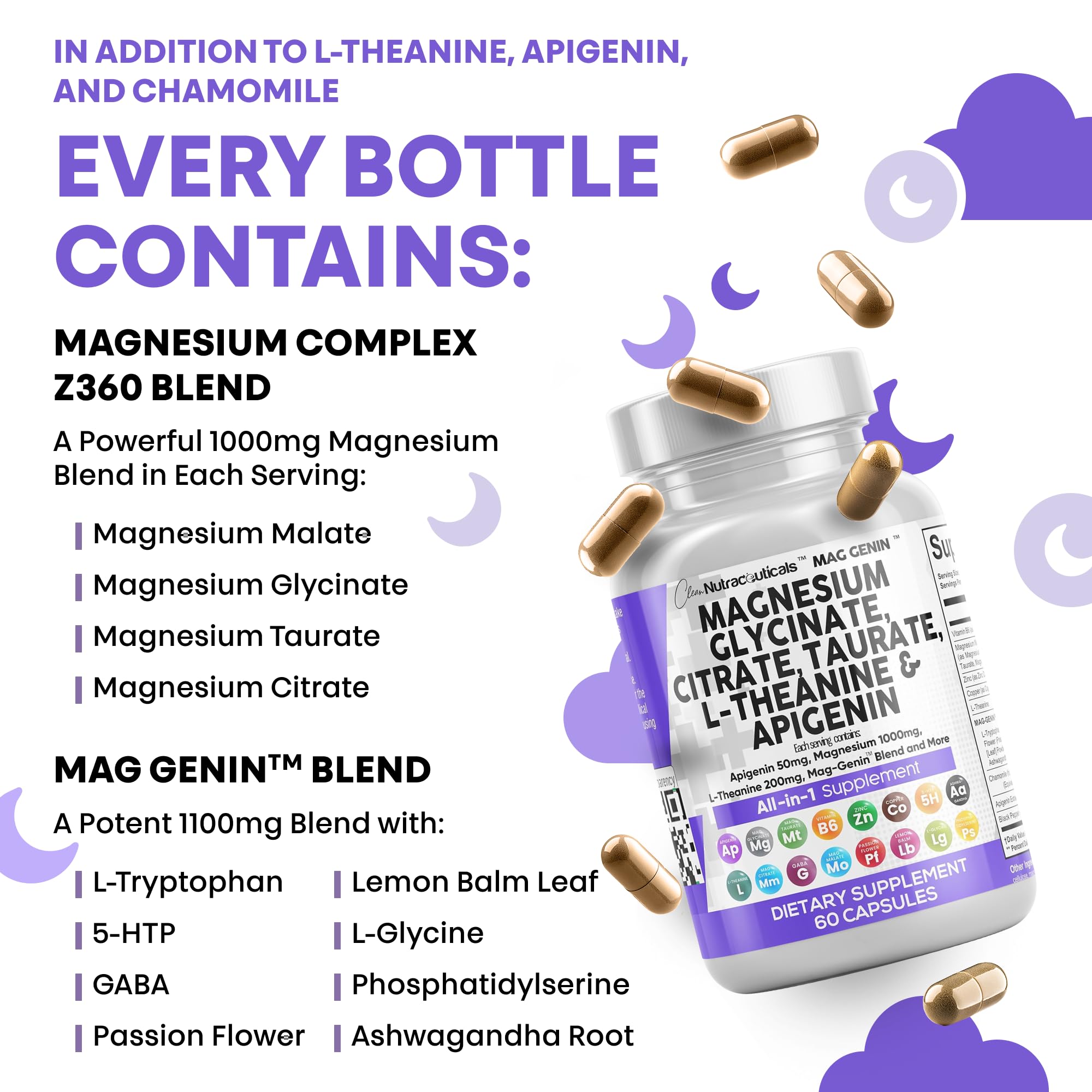 Clean Nutraceuticals Magnesium Glycinate Complex 1000mg with L-Theanine 200mg Apigenin 50mg Citrate Taurate Supplement - 5-HTP GABA Passion Flower Lemon Balm L-Glycine Phosphatidylserine - 60 Count Clean Nutraceuticals uk supplements