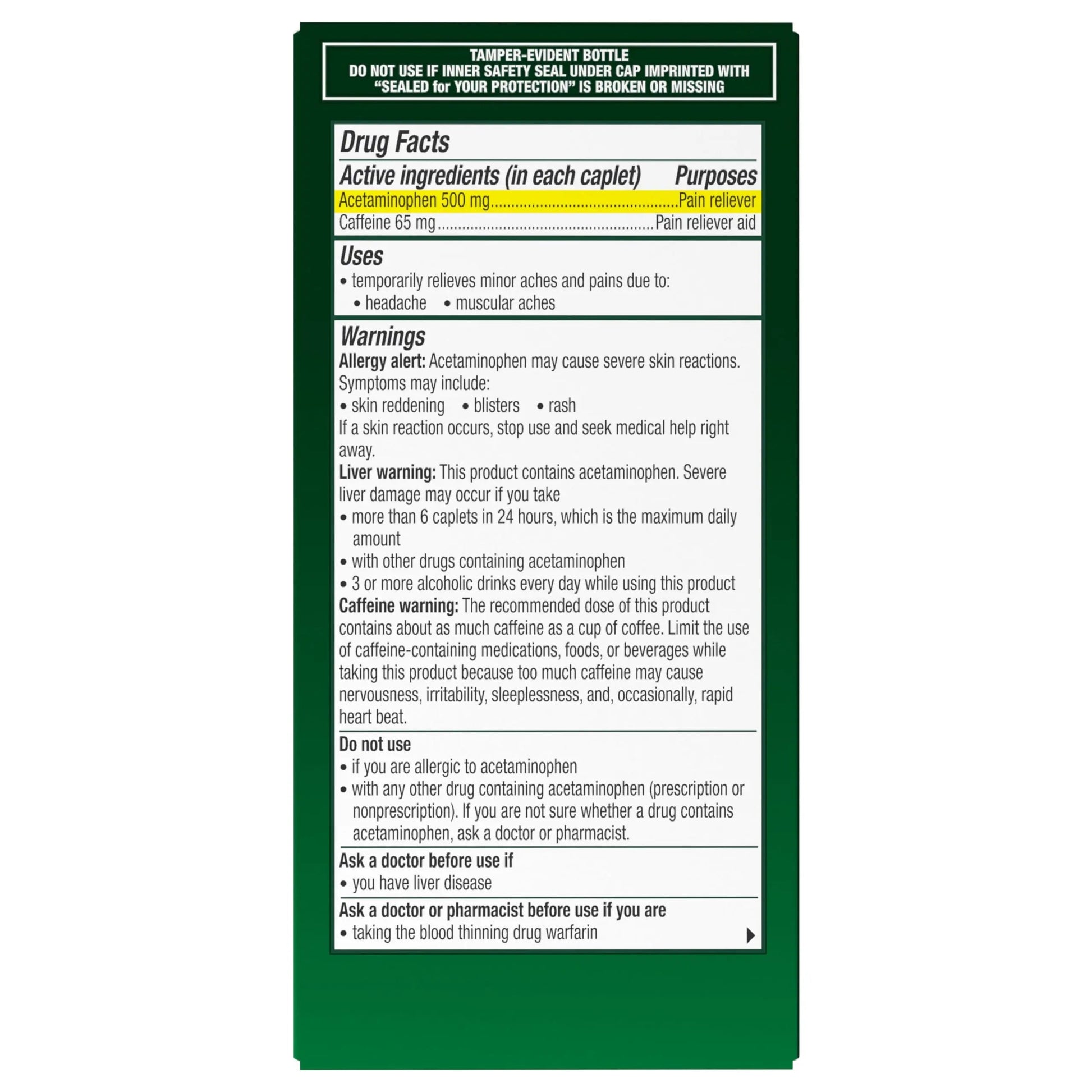 Excedrin Tension Headache Relief Caplets, Acetaminophen 500mg, Caffeine 65mg, Pain Reliever, Aspirin-Free, 100 Count Excedrin uk supplements