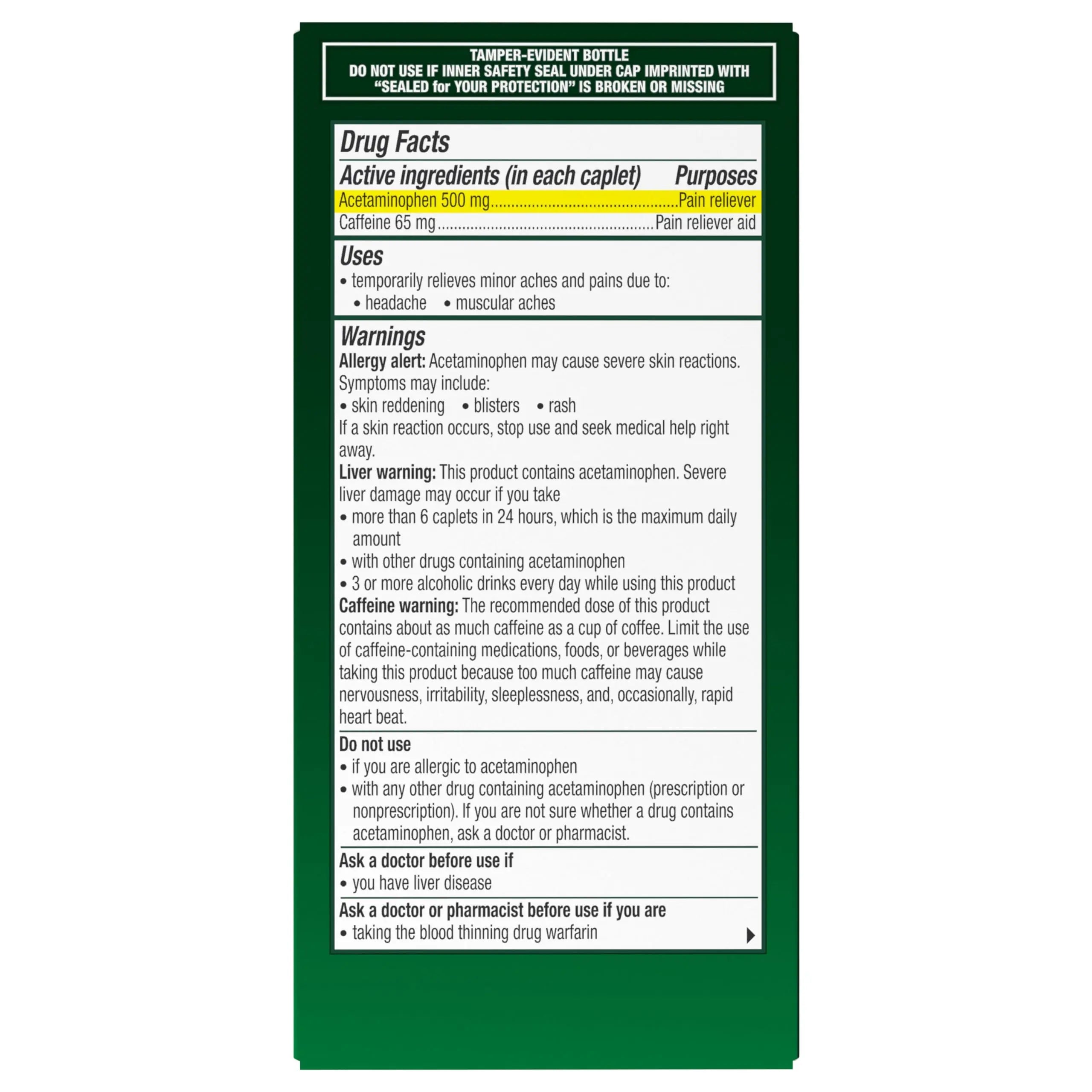 Excedrin Tension Headache Relief Caplets, Acetaminophen 500mg, Caffeine 65mg, Pain Reliever, Aspirin-Free, 100 Count Excedrin uk supplements