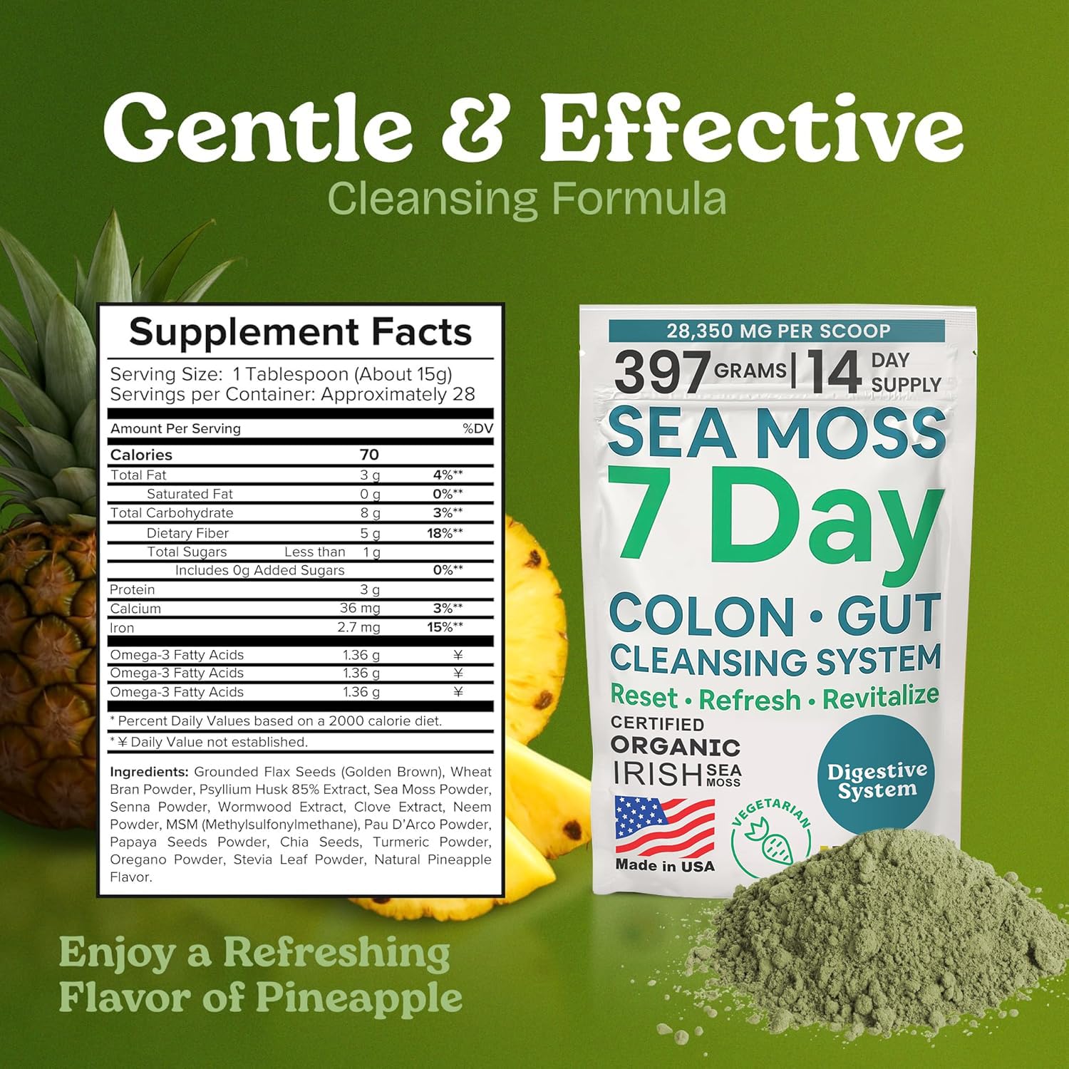 Atlantic Naturals Sea Moss 7-Colon Cleanse Powder | Formulated with Psyllium Husk, Fiber, & Senna Powder | Supports Immune & Gut Health for Women & Men, Pineapple Flavor Drink Mix, 14 oz Atlantic Naturals uk supplements