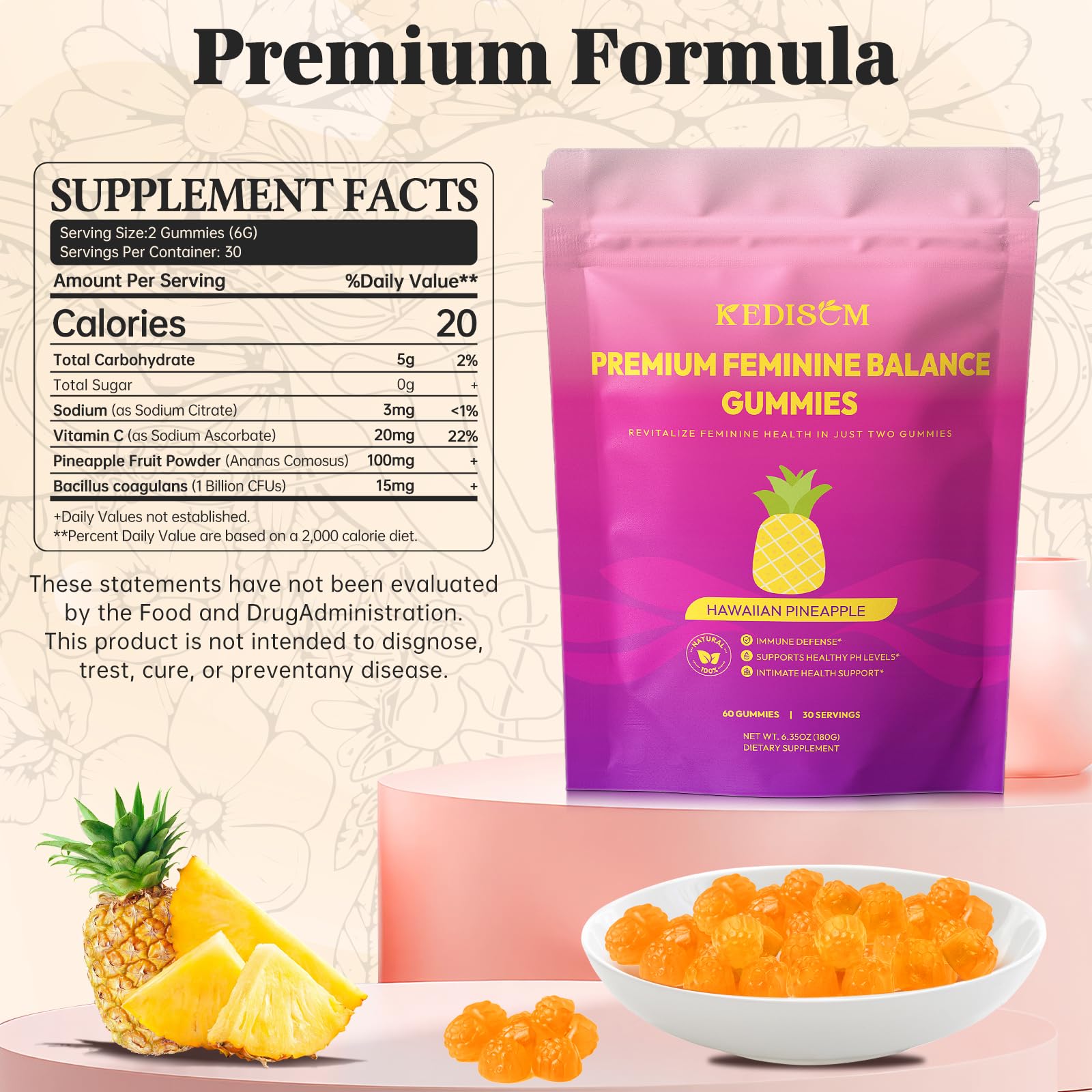 KEDISOM Premium Feminine Balance Gummies - for Women’s Health & Wellness - Immune Support - Vegan, Gluten-Free - Hawaiian Pineapple - 60 Gummies - 30 Servings KEDISOM uk supplements