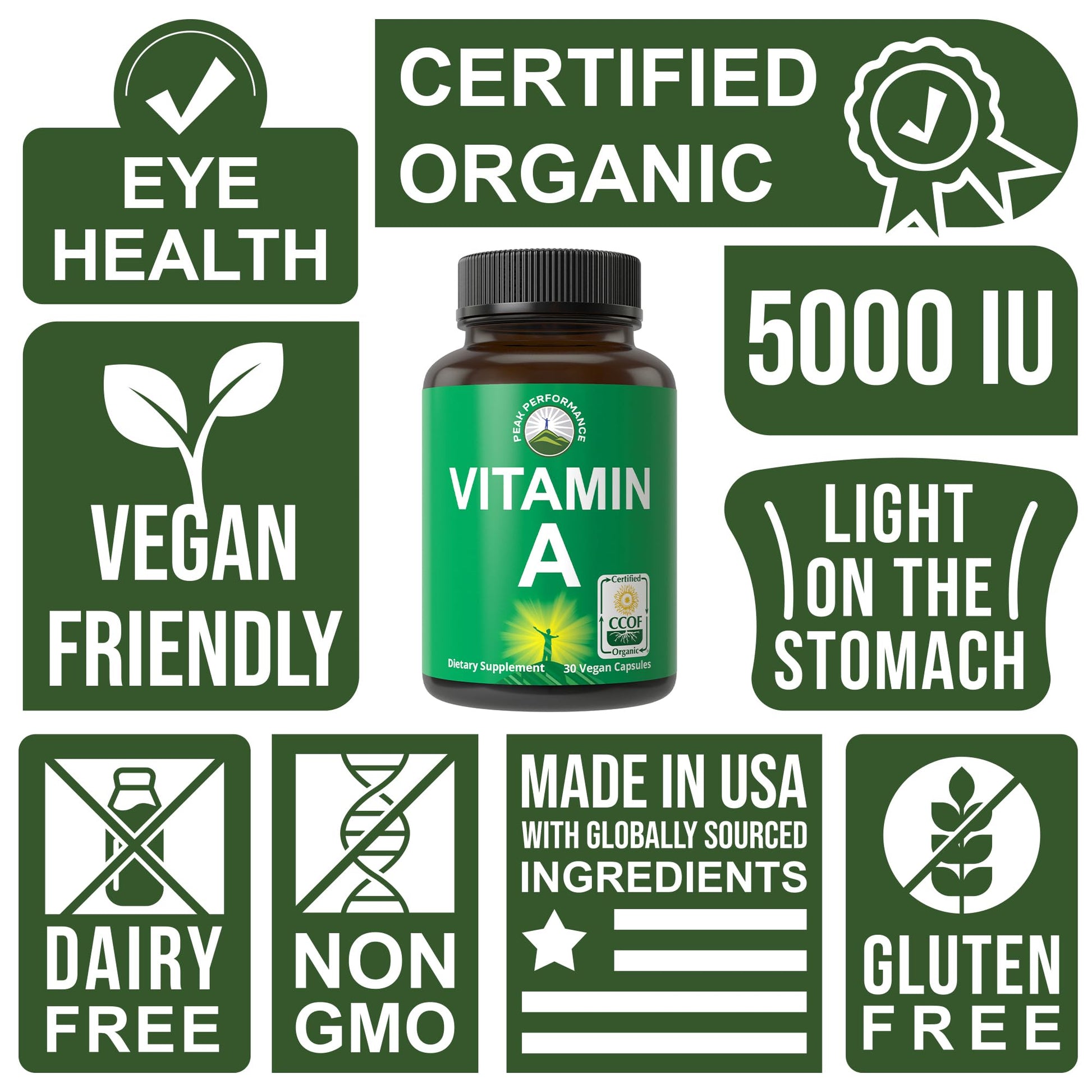 Certified Organic Vitamin A 5000 IU Supplement Capsules High Potency Vitamins. for Adults, Men, Women, Kids. Made with Carrot Juice. Great for Immune, Skin, Eye Support. Non GMO, Vegan Pills Peak Performance uk supplements