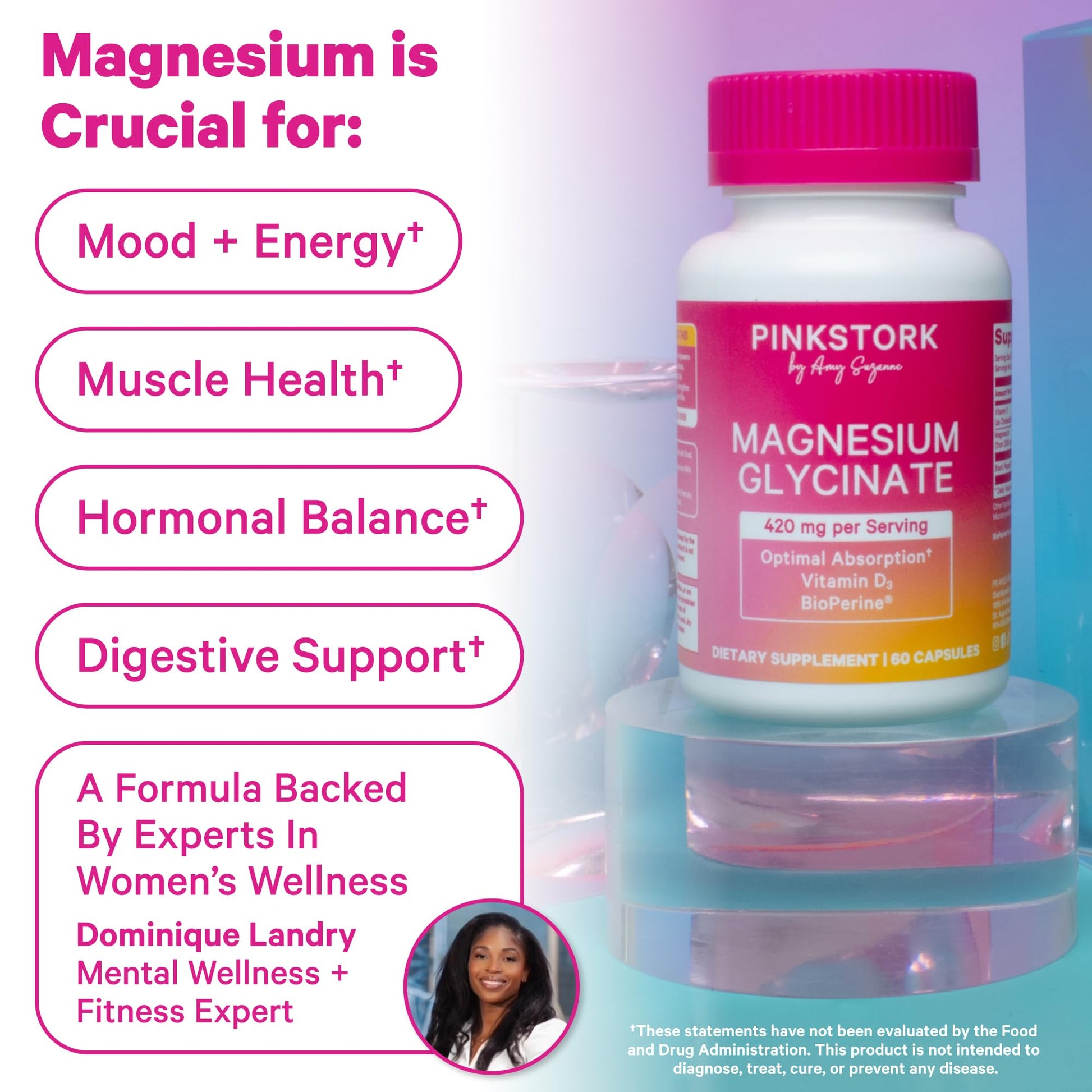 Pink Stork Magnesium Glycinate with Vitamin D - Magnesium Supplement for Women to Support Natural Calm, Mood, and Sleep - Hormone Balance for Women - 60 Capsules, 1 Month Supply Pink Stork uk supplements
