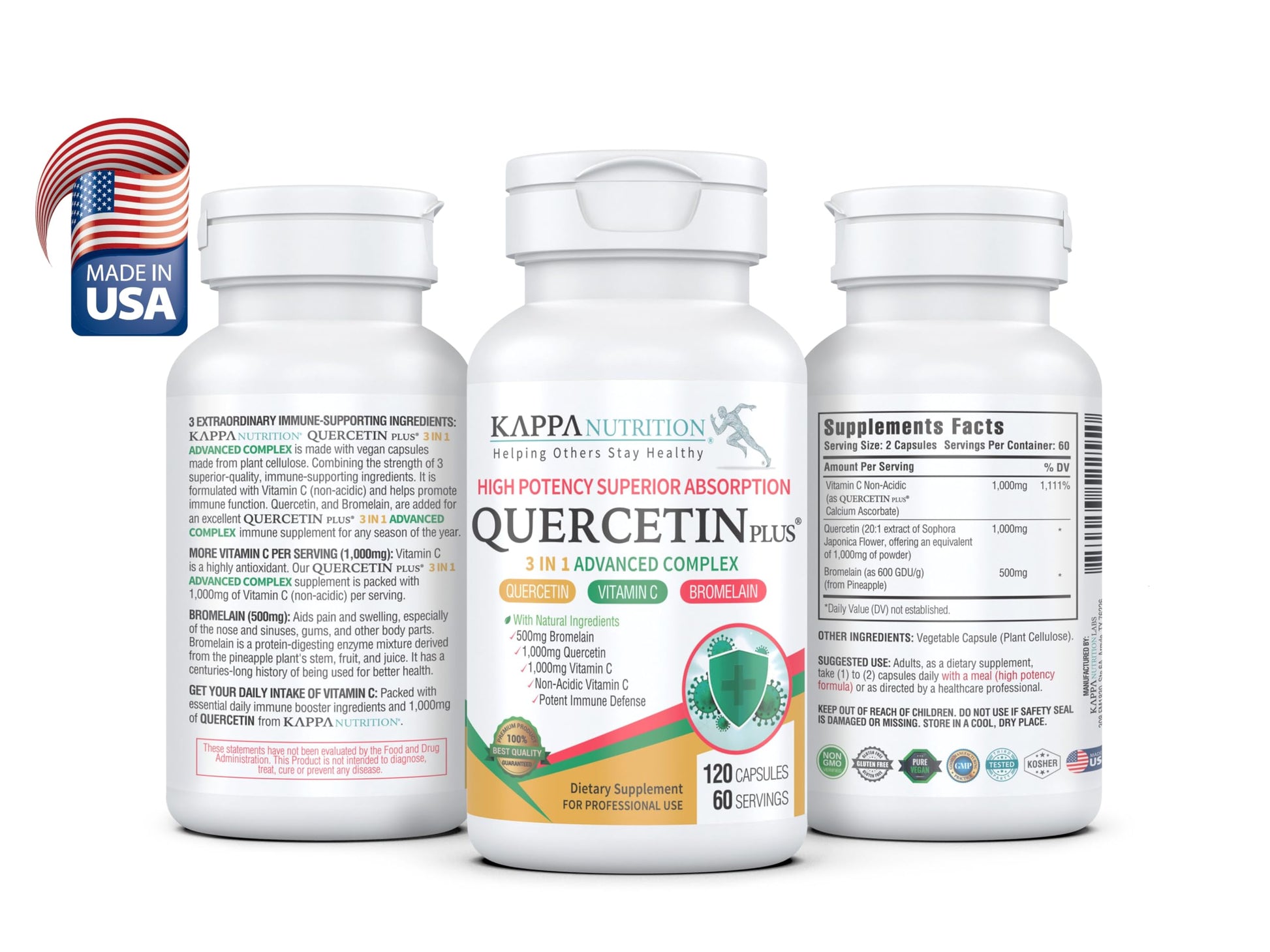 QUERCETIN PLUS, Quercetin 1,000mg, Bromelain 500mg and Vitamin C 1,000mg, (120 Capsules), 3 in 1 from Bioflavonoids, Supports Immune, Cardiovascular & Respiratory Health, Seasonal Allergy Relief. KAPPA NUTRITION uk supplements