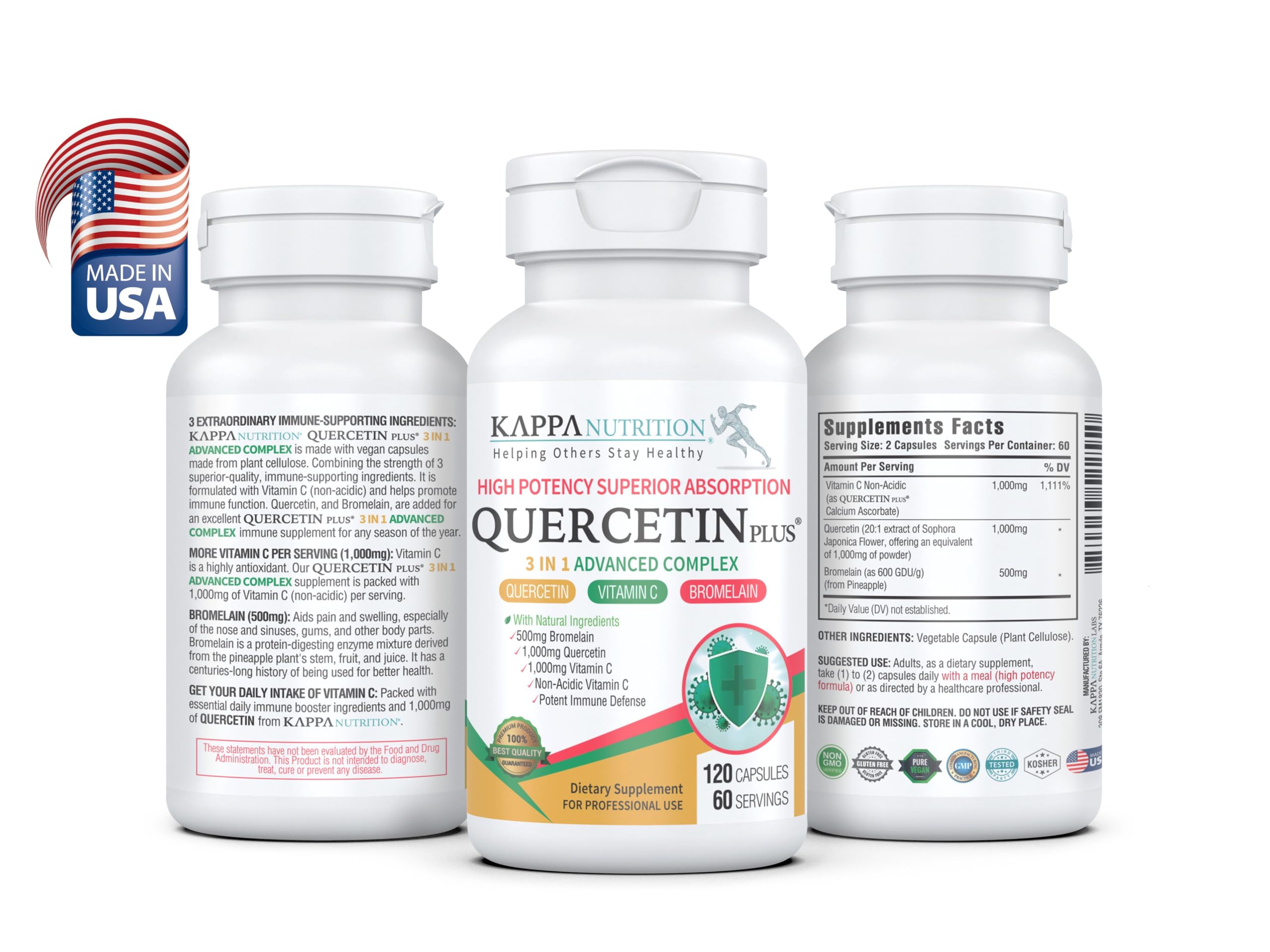 QUERCETIN PLUS, Quercetin 1,000mg, Bromelain 500mg and Vitamin C 1,000mg, (120 Capsules), 3 in 1 from Bioflavonoids, Supports Immune, Cardiovascular & Respiratory Health, Seasonal Allergy Relief. KAPPA NUTRITION uk supplements