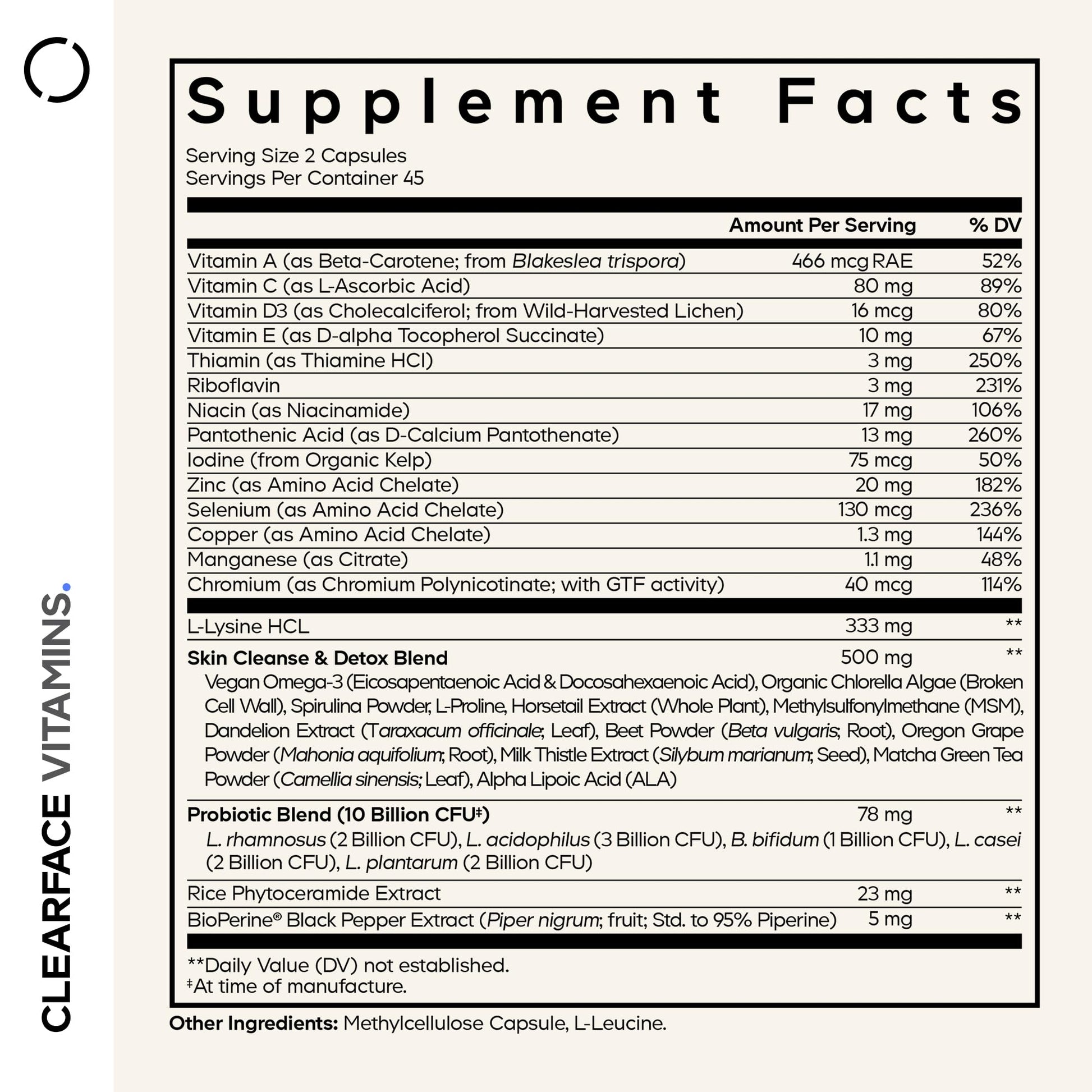 Codeage Clearface Pantothenic Acid, Niacin Supplement, Vitamins A, C, D3, E, Probiotics, Zinc, Riboflavin, Thiamin, L-Lysine HCL & Omega-3, Niacinamide, Skin Botanical Blend - Non-GMO - 90 Capsules Codeage uk supplements