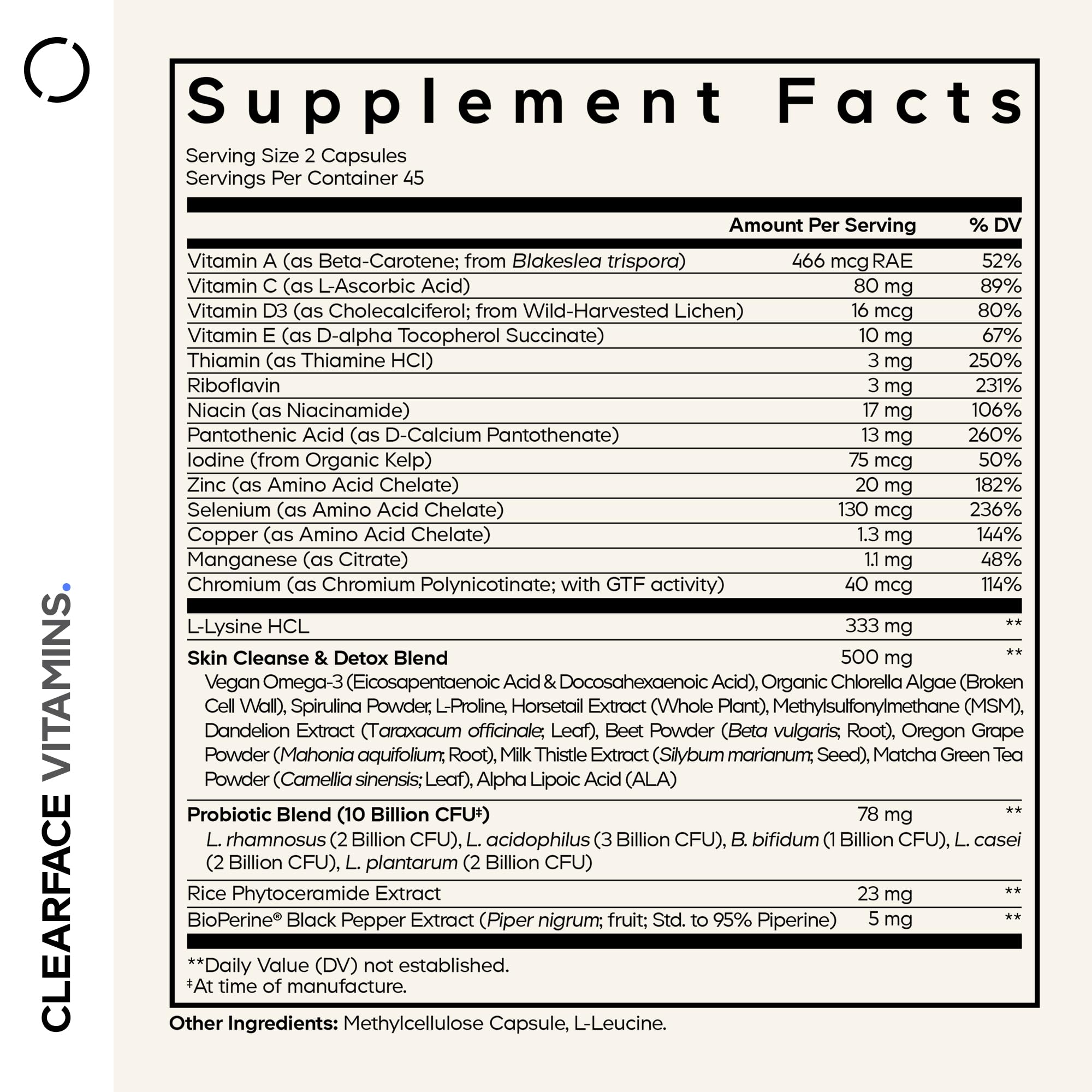 Codeage Clearface Pantothenic Acid, Niacin Supplement, Vitamins A, C, D3, E, Probiotics, Zinc, Riboflavin, Thiamin, L-Lysine HCL & Omega-3, Niacinamide, Skin Botanical Blend - Non-GMO - 90 Capsules Codeage uk supplements