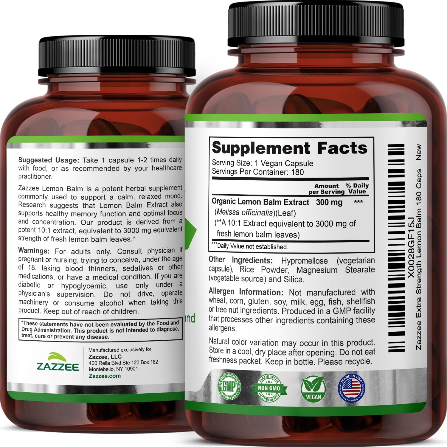 Zazzee Organic Lemon Balm 10:1 Extract, 180 Vegan Capsules, 6 Month Supply, Melissa Officinalis, Calm, Mood, Stress & Relaxation Support, Herbal Supplement, All-Natural, Non-GMO, Made in the USA Zazzee uk supplements