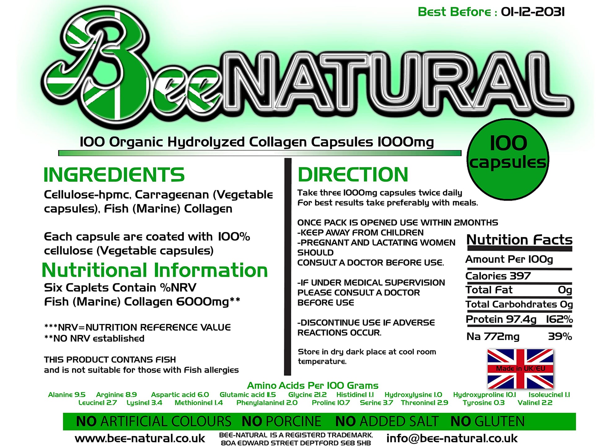 100 Hydrolyzed Collagen Capsules 1000mg Bee-natural Bee-natural uk supplements