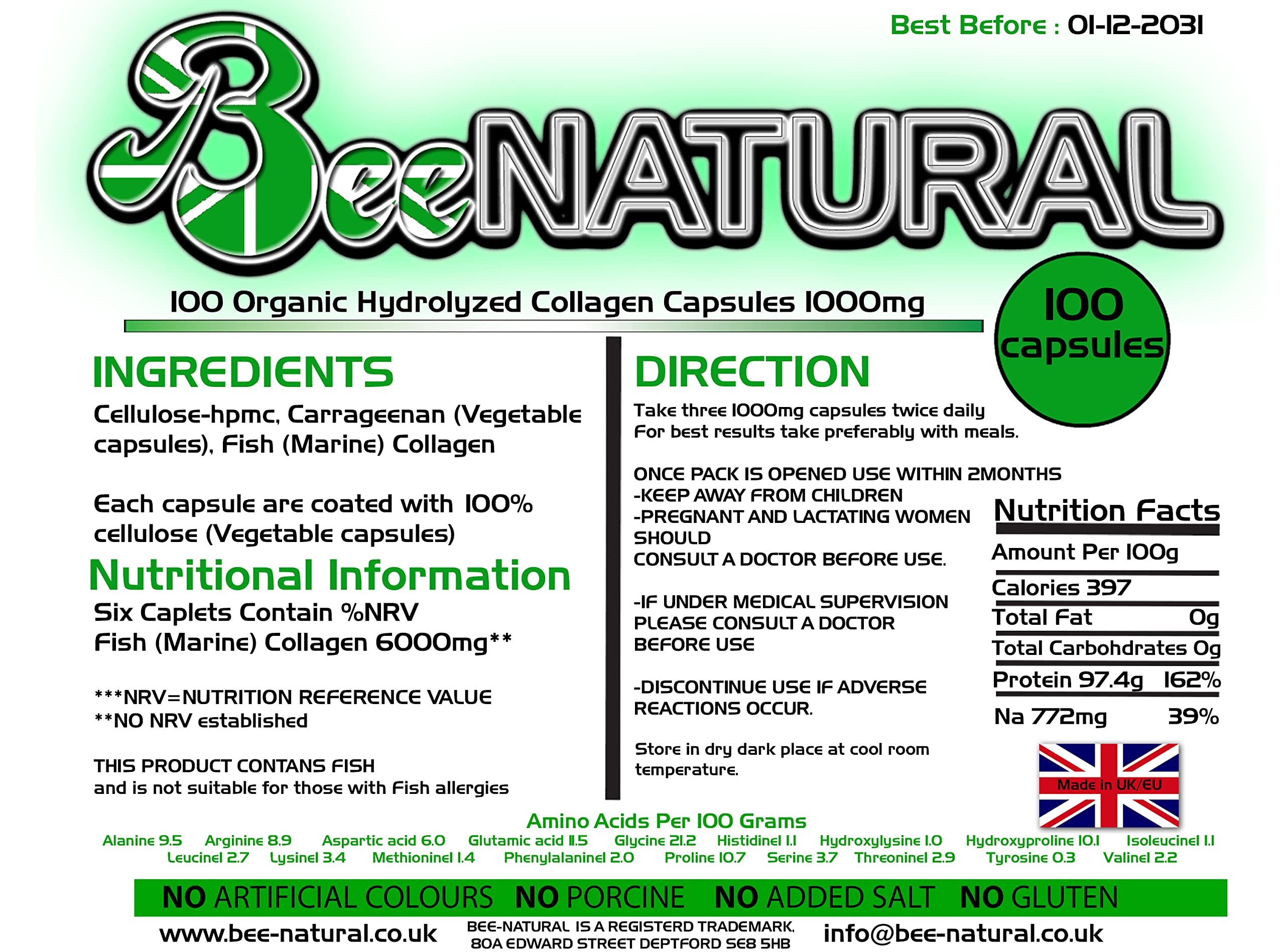 100 Hydrolyzed Collagen Capsules 1000mg Bee-natural Bee-natural uk supplements
