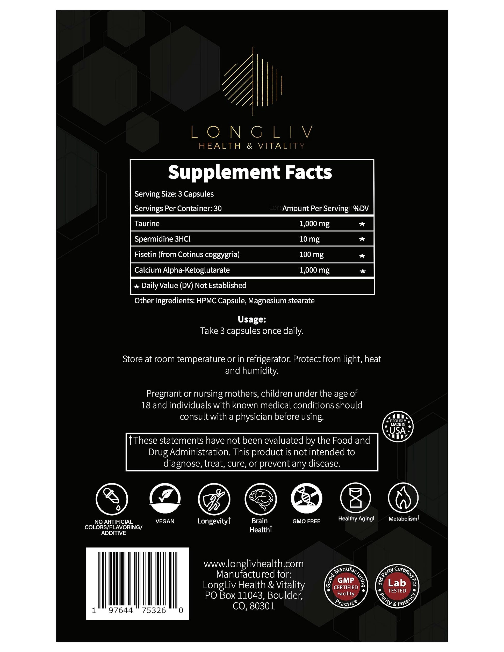 Longevity4Life - Ultimate Cellular Health Supplement - Fisetin, Taurine, Calcium Alpha-Ketoglutarate, and Spermidine Capsules for Longevity and Vitality - Made in USA - Physician Formulated LongLiv Health and Vitality uk supplements