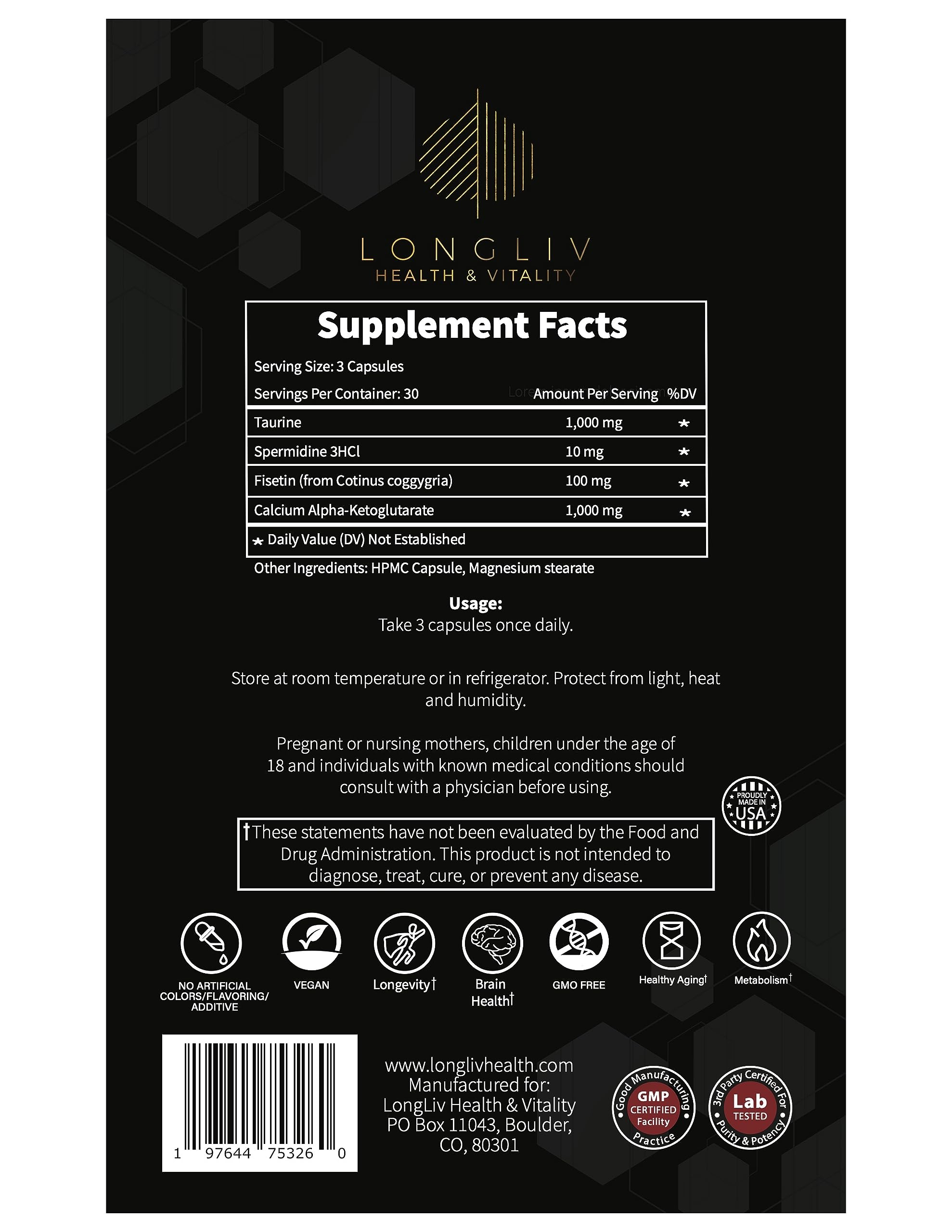 Longevity4Life - Ultimate Cellular Health Supplement - Fisetin, Taurine, Calcium Alpha-Ketoglutarate, and Spermidine Capsules for Longevity and Vitality - Made in USA - Physician Formulated LongLiv Health and Vitality uk supplements