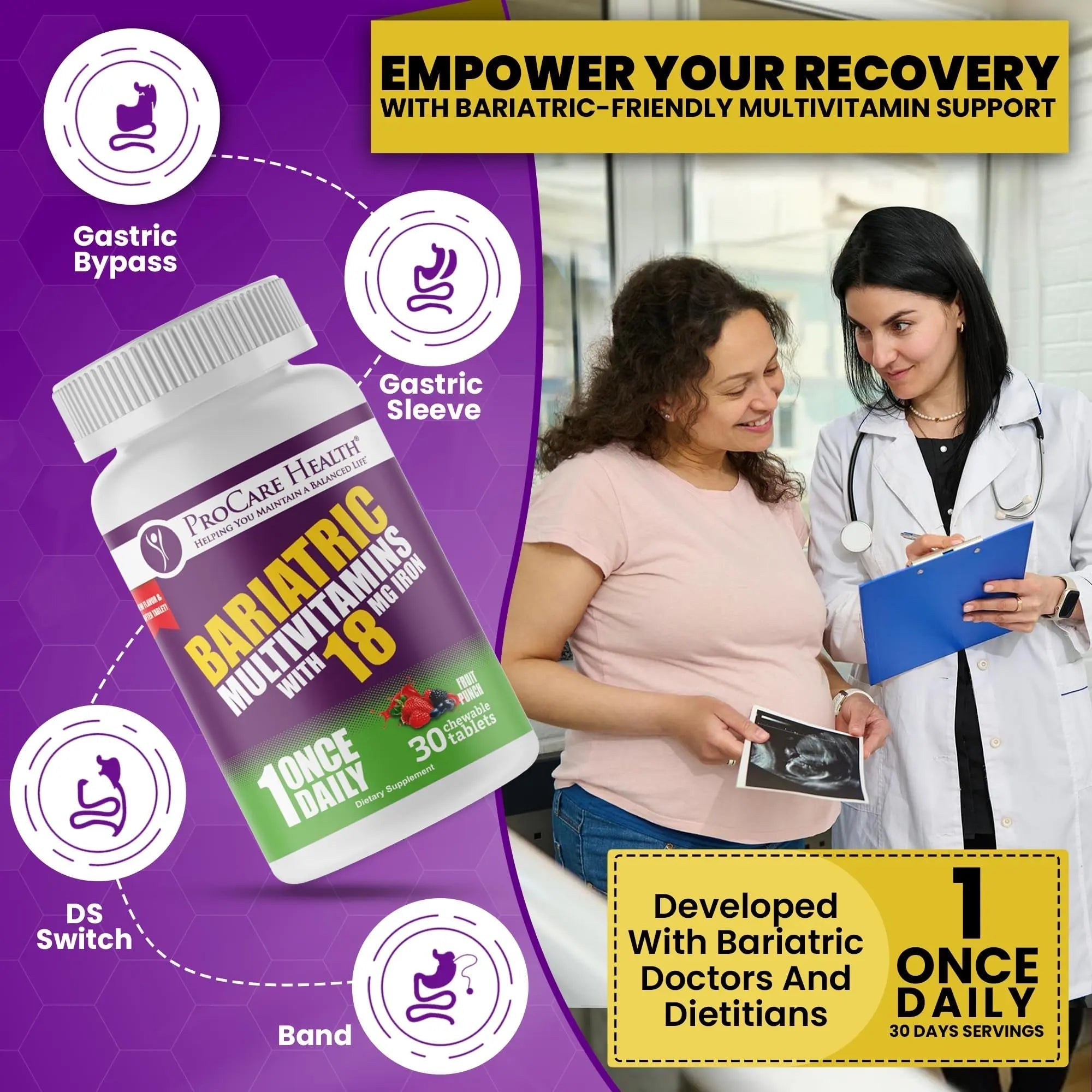 ProCare Health Bariatric Chewable Multivitamin with Iron 18mg (30 Tablets) - Fruit Punch Flavor Bariatric Multivitamin Chewable ProCare Health uk supplements