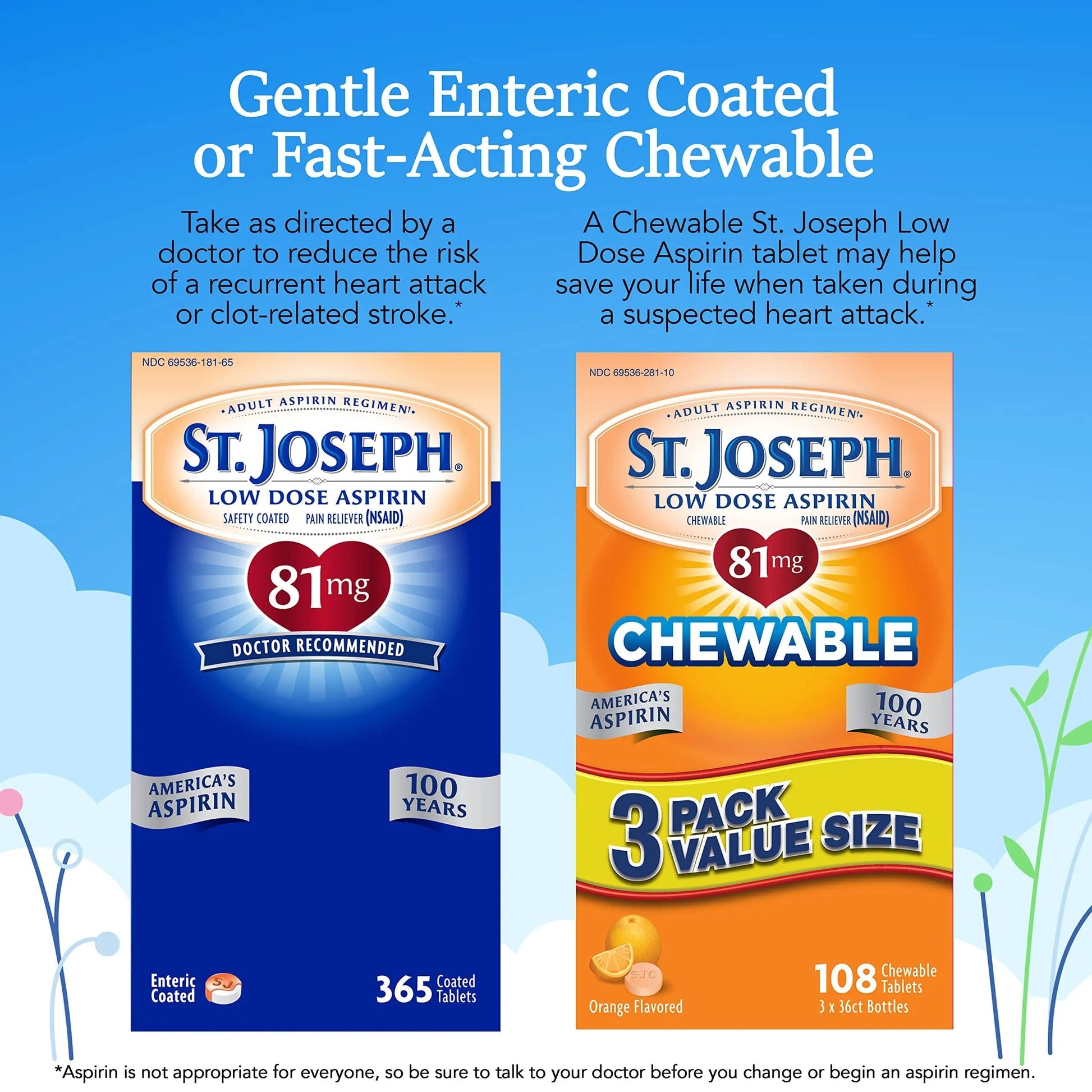 St. Joseph Aspirin Pain Reliever (NSAID) 81mg, Chewable Orange Tablets Adult Low Dose Regimen , 108 ct (3 x 36 ct Tablets per Bottle) St. Joseph uk supplements