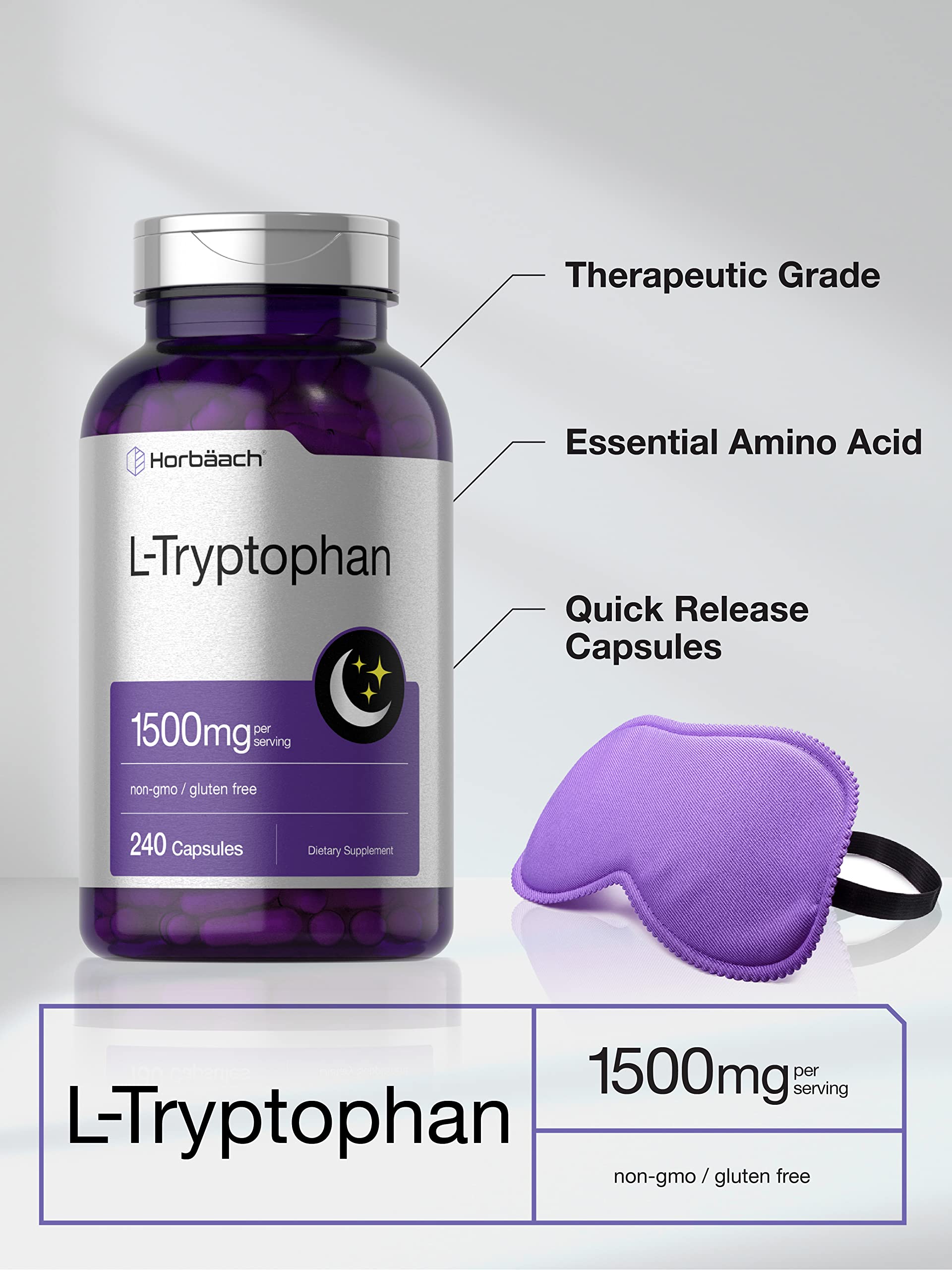 L Tryptophan 1500mg Capsules | 240 Count | Nighttime Formula | Non-GMO, Gluten Free Horbäach uk supplements